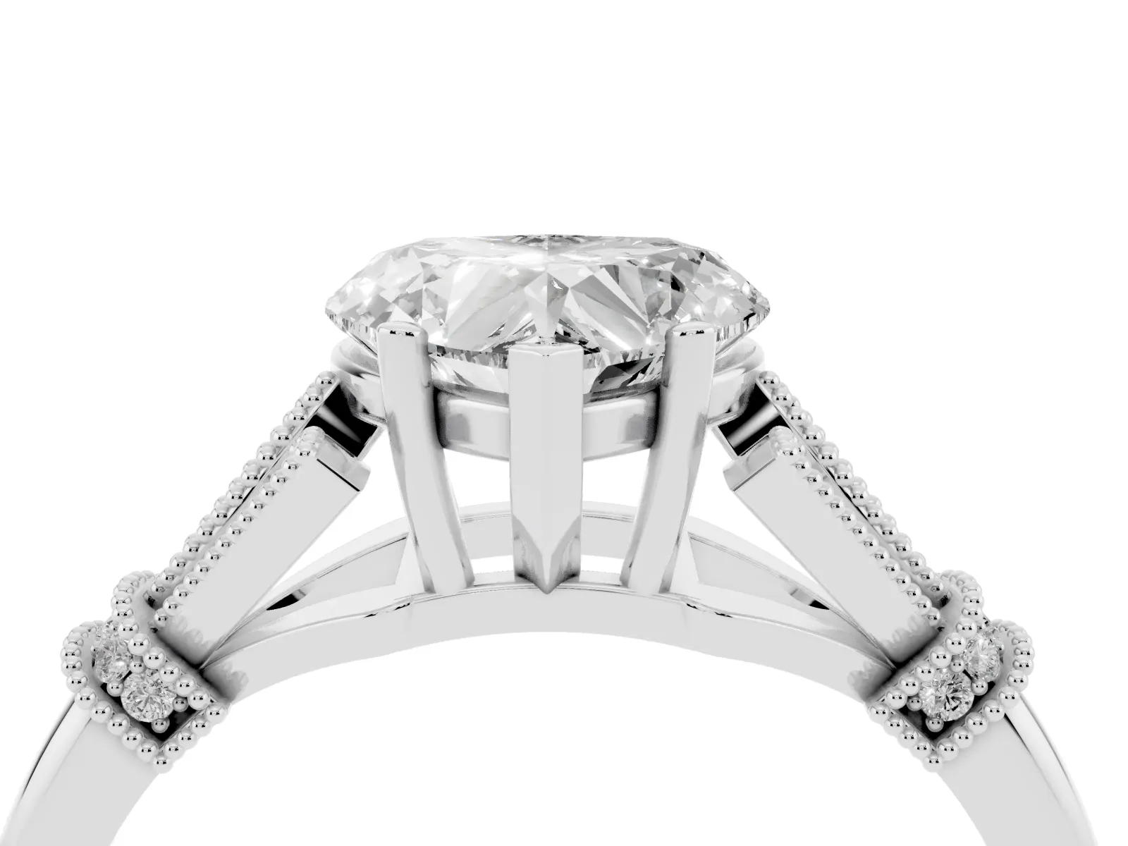 Heart Cut Diamond Solitaire Ring with Floral Filigree and Pave Accents Platinum