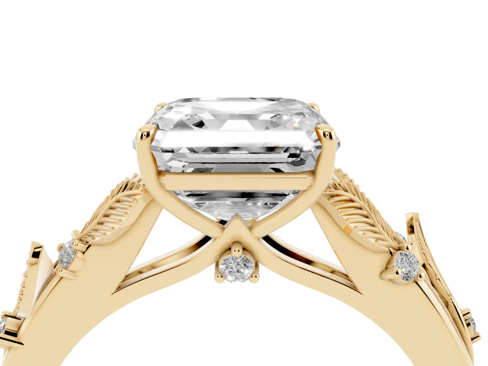 Asscher Cut Diamond Solitaire Ring with Leaf Motif Band and Four-Prong Setting Yellow gold