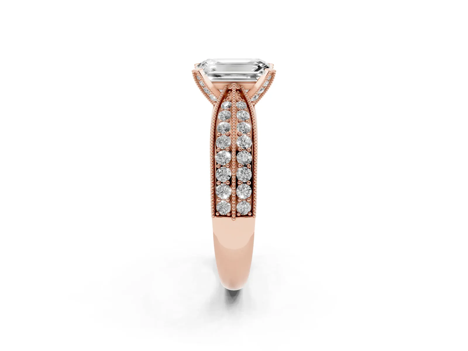 Emerald Cut Diamond Solitaire Ring with Milgrain Round Pavé Band and Prong Setting Rose gold
