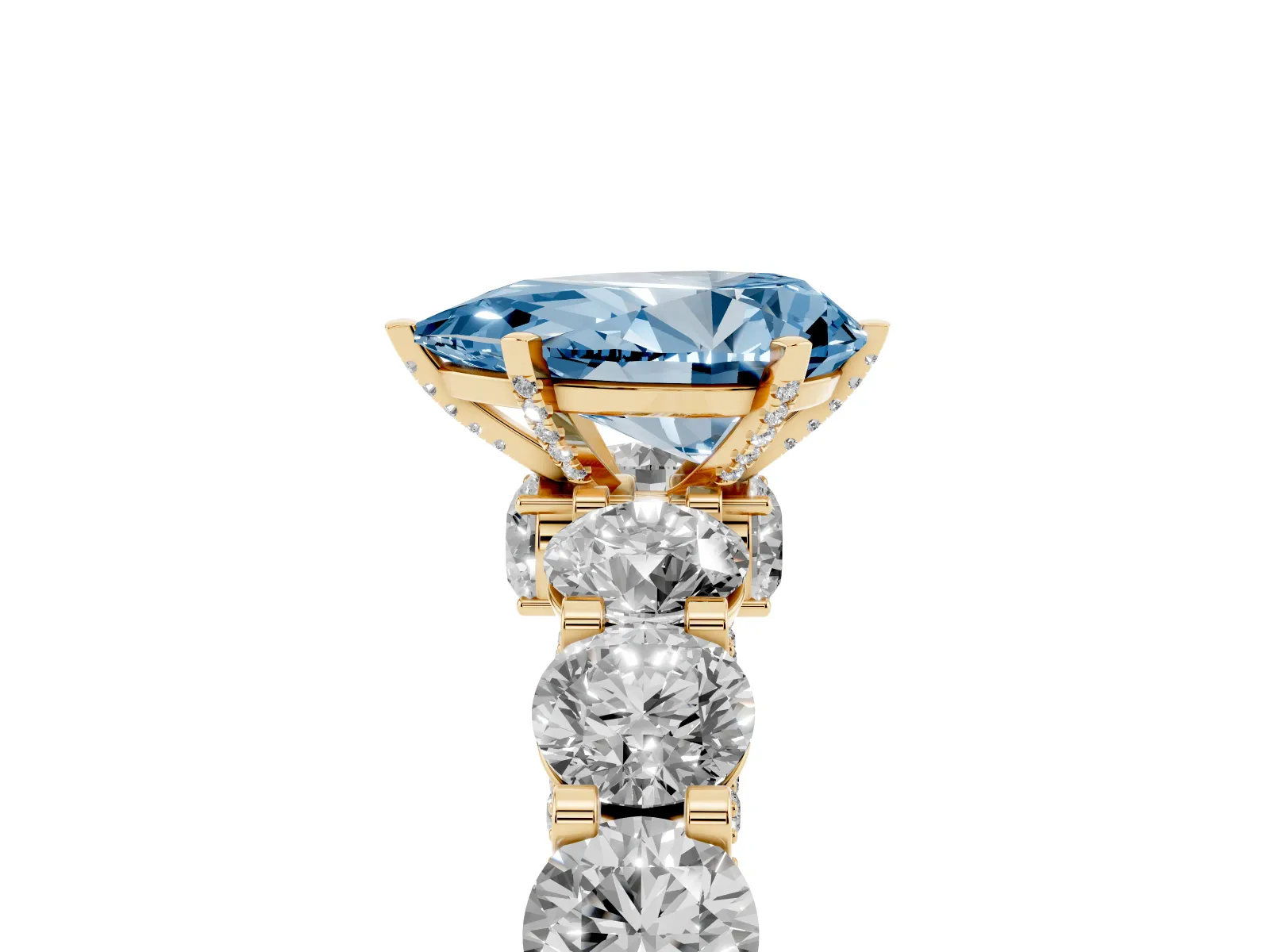 Fancy Blue Pear Cut Diamond Side Stone Engagement Ring with Four-Prong Setting Yellow gold