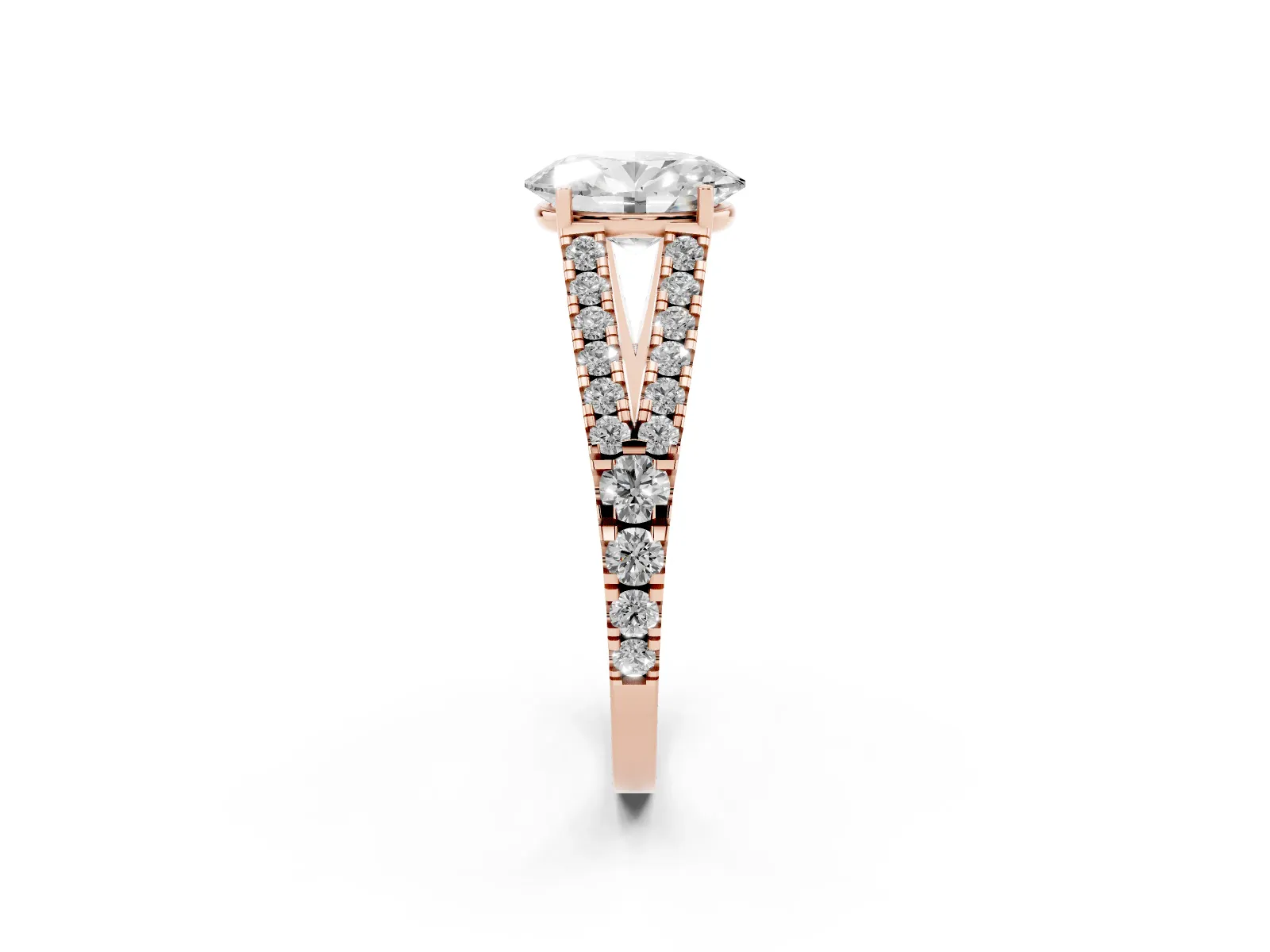 Oval Cut Diamond Split Shank Engagement Ring with Round Pavé and Prong Setting Rose gold
