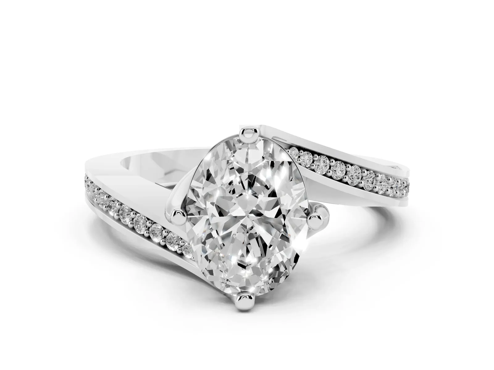 Oval Cut Solitaire Diamond Twist Band with Pavé Setting and Four-Prong Setting Platinum