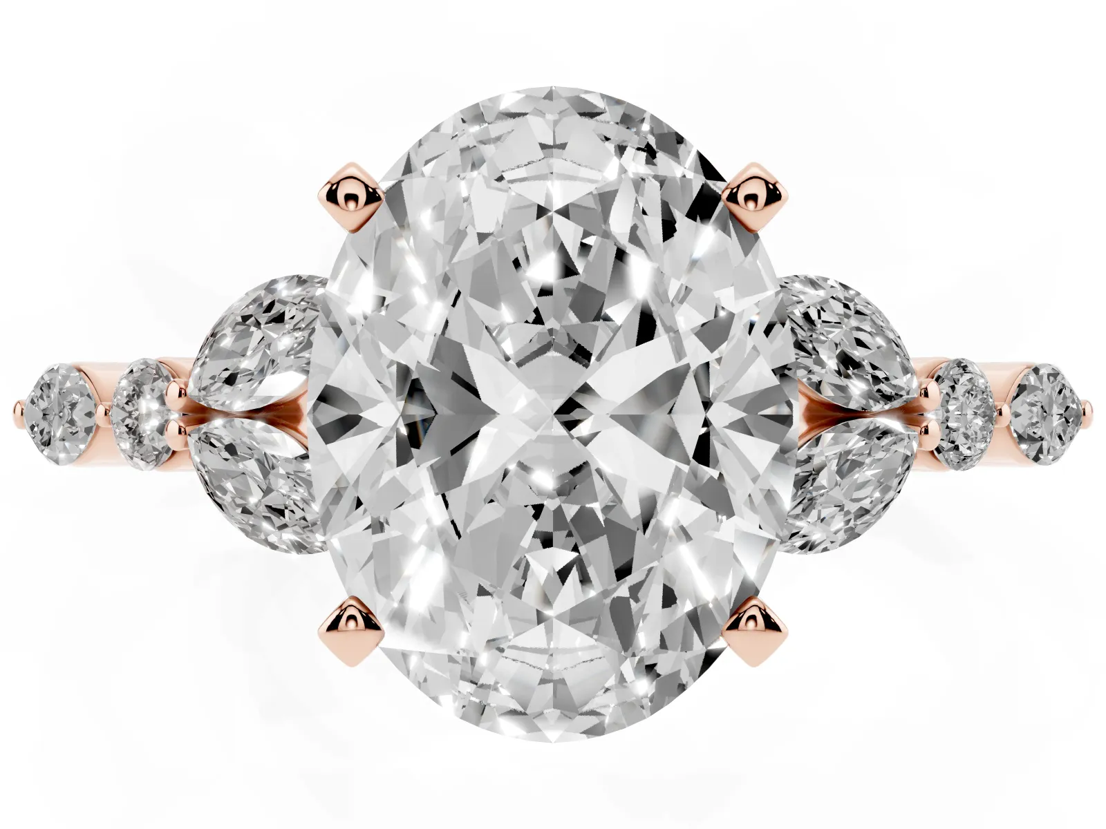 Oval Cut Diamond Solitaire Ring with Side Stones and Four-Prong Setting Rose gold