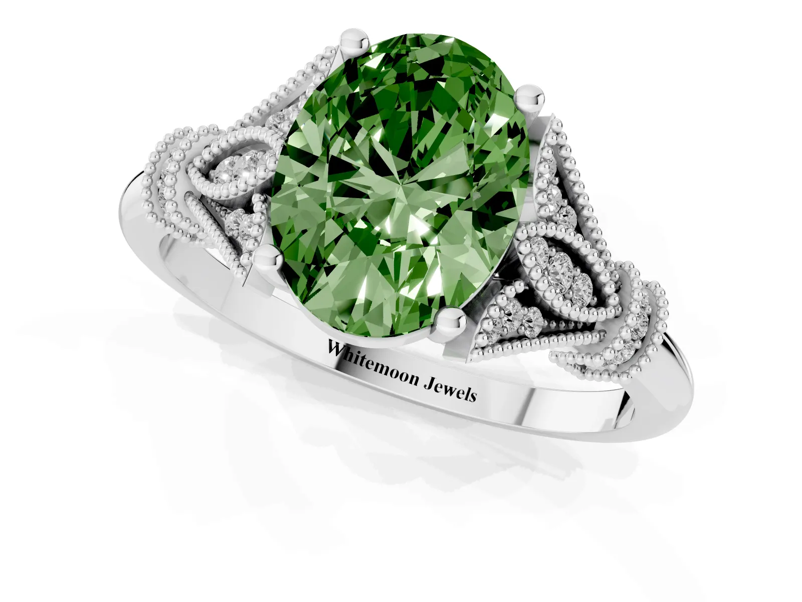 Fancy Green Oval Cut Diamond Solitaire Ring with Floral Filigree and Pave Accents White gold
