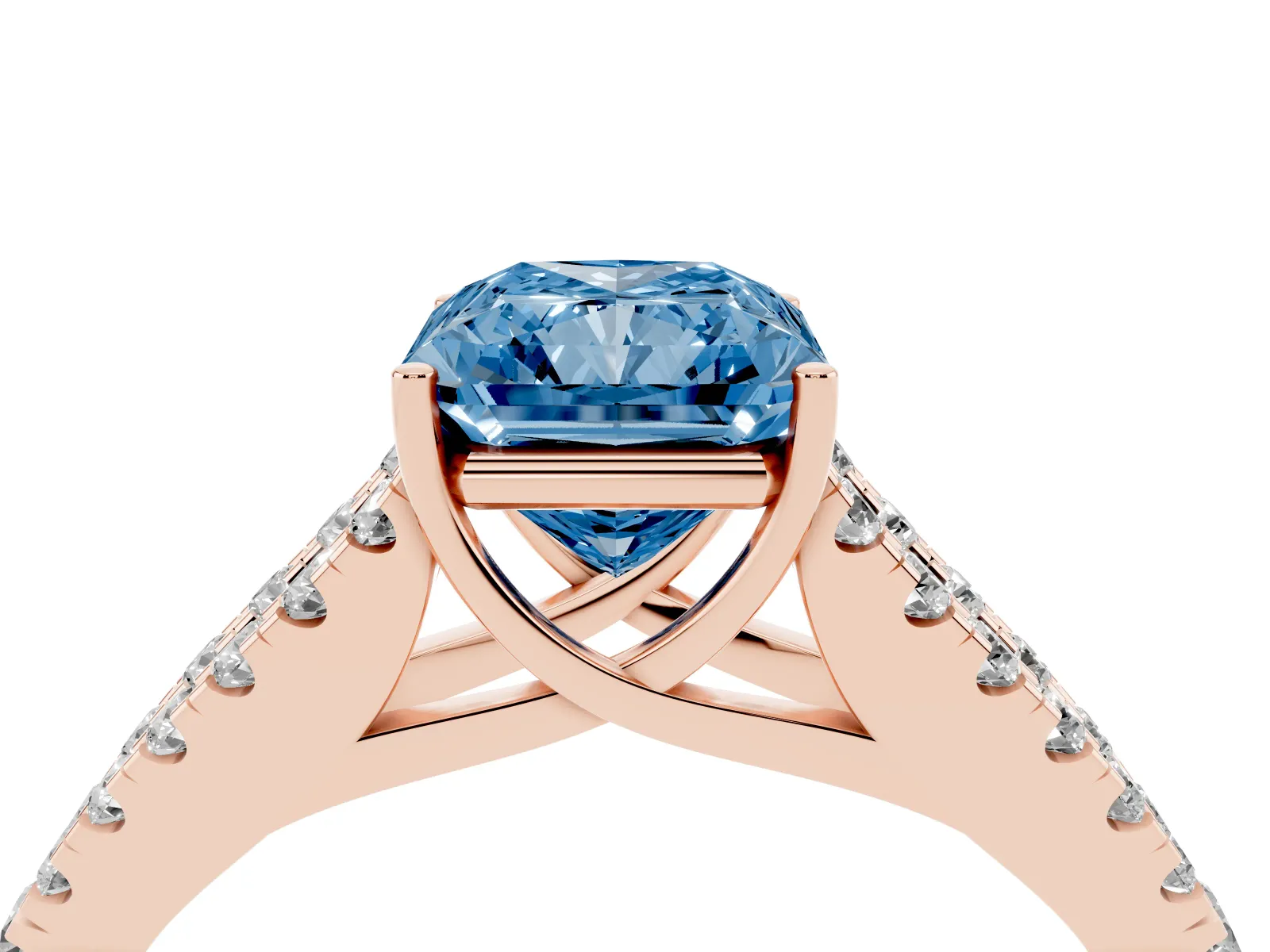 Fancy Blue Radiant Cut Diamond Split Shank Engagement Ring with Round Pavé and Prong Setting Rose gold