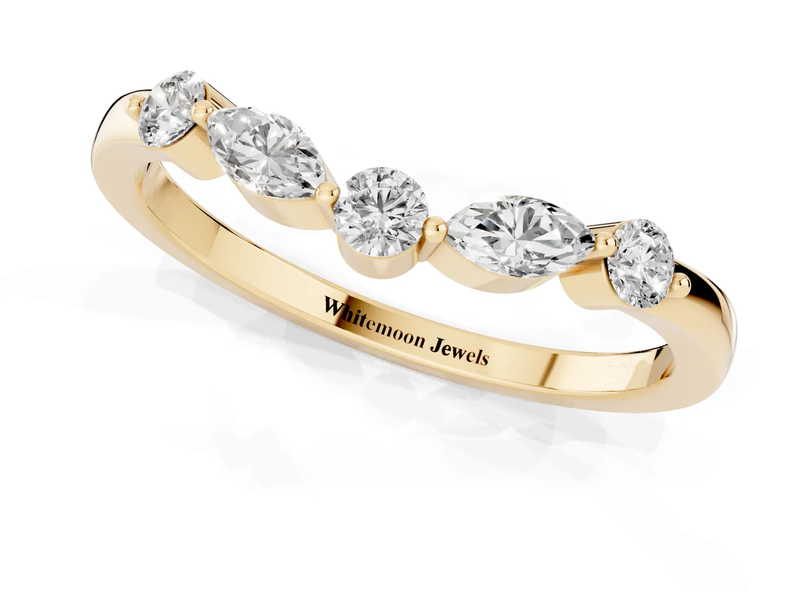 Round and Marquise Diamond Half Eternity Band with Prong Setting Yellow gold