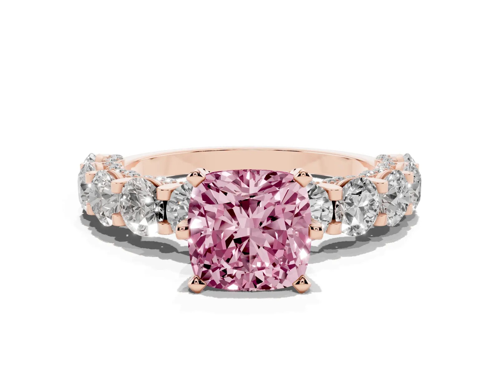 Fancy Pink Cushion Cut Diamond Side Stone Engagement Ring with Four-Prong Setting Rose gold