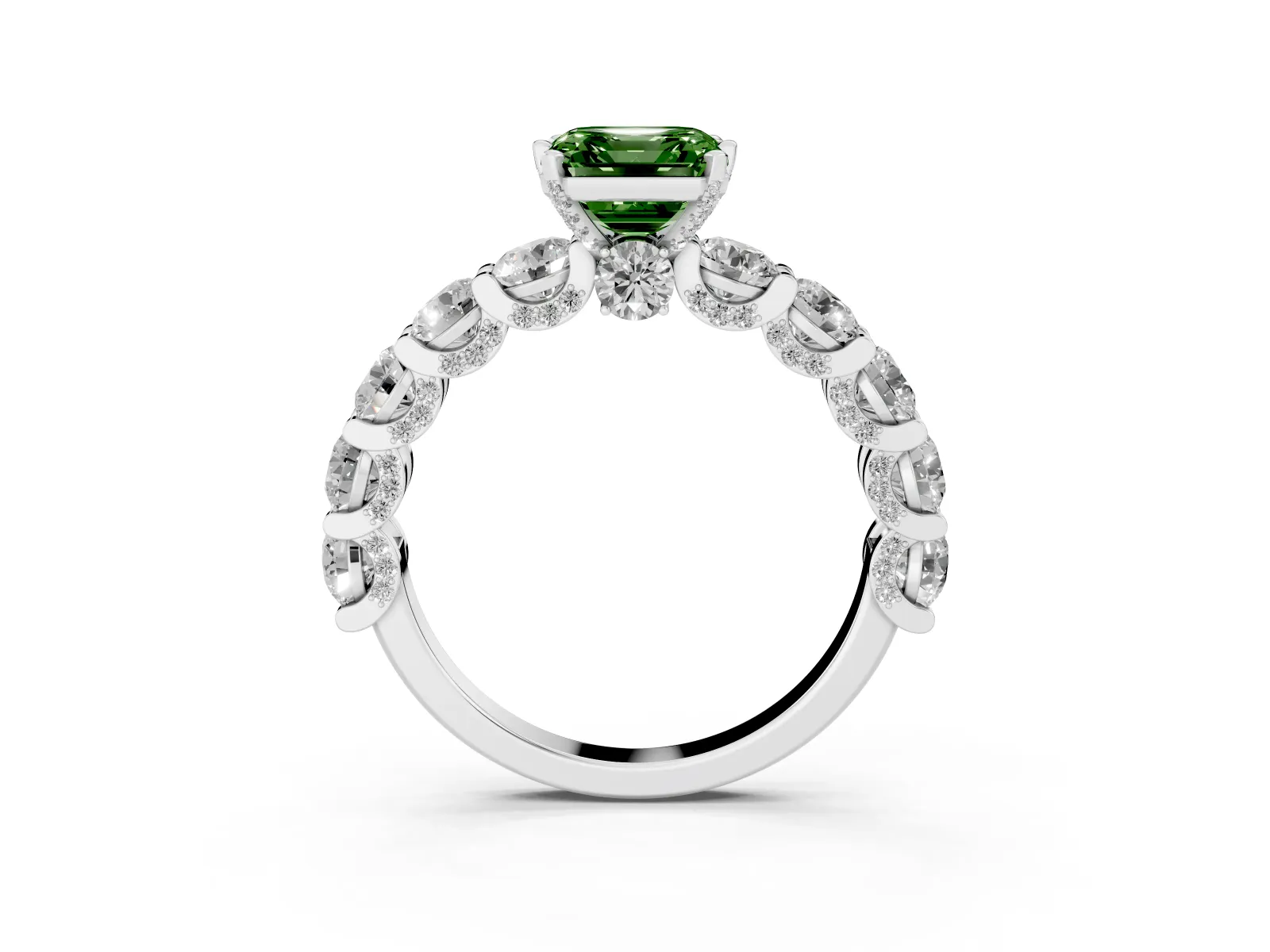 Fancy Green Asscher Cut Diamond Side Stone Engagement Ring with Four-Prong Setting Platinum