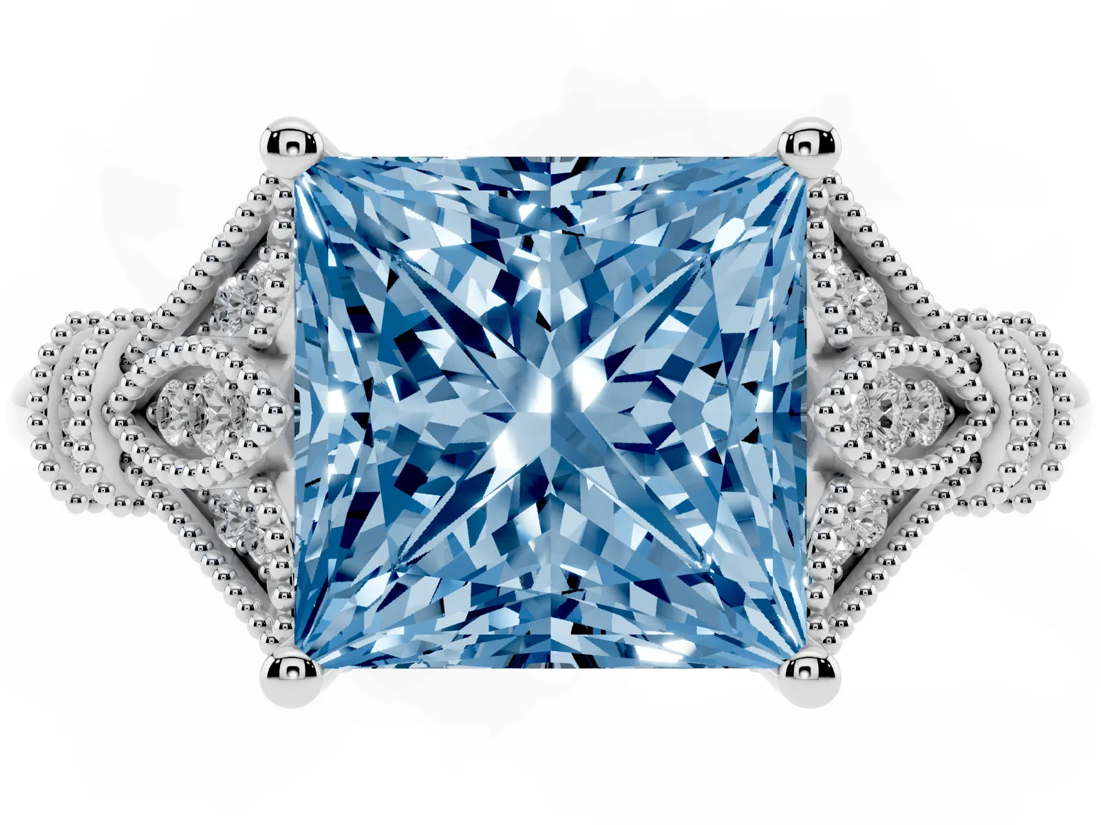 Fancy Blue Princess Cut Diamond Solitaire Ring with Floral Filigree and Pave Accents Platinum