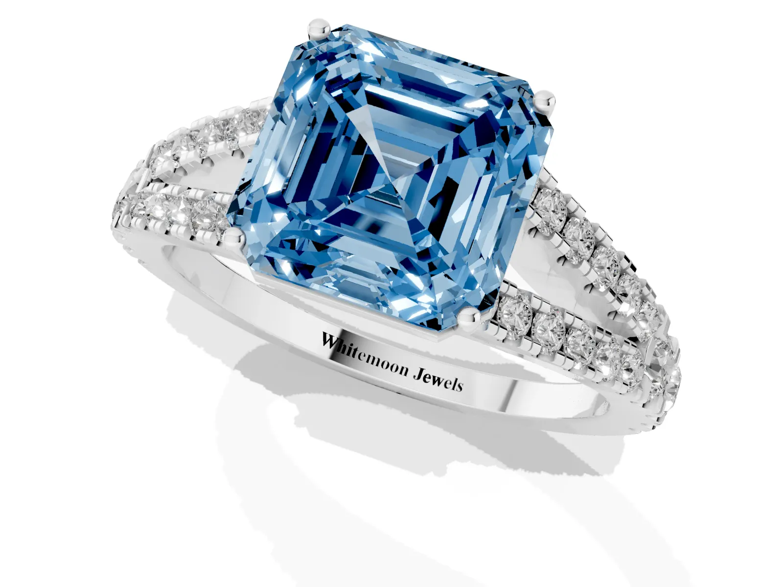 Fancy Blue Asscher Cut Diamond Split Shank Engagement Ring with Round Pavé and Prong Setting White gold
