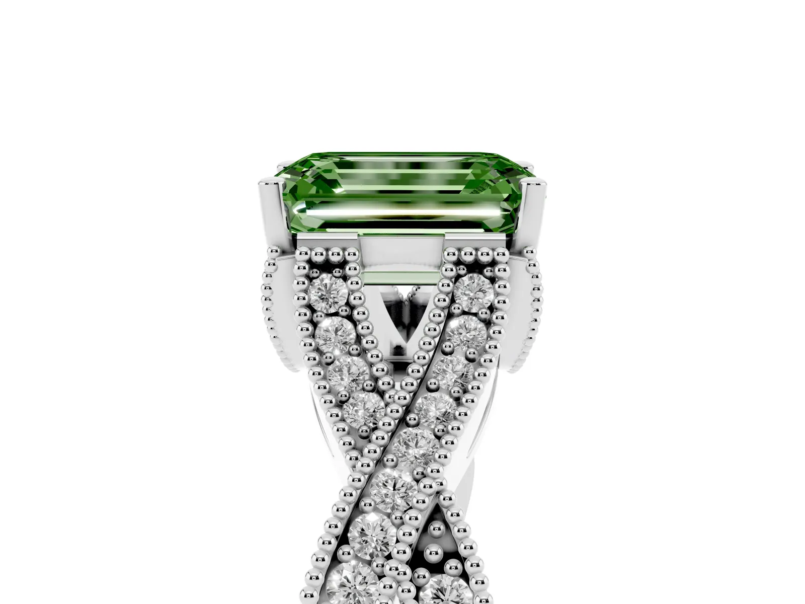 Fancy Green Emerald Cut Cut Diamond Twisted Band with Milgrain Pave Setting and Four-Prong Setting Platinum