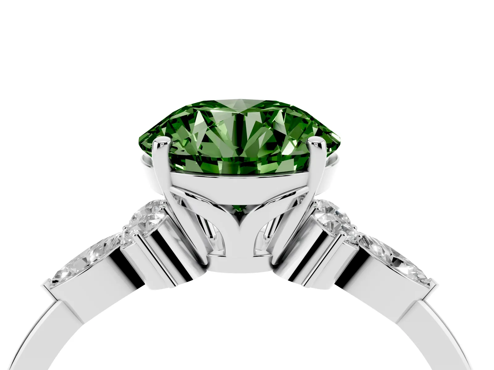 Fancy Green Round Cut Brilliant Diamond Solitaire Ring with Pear Side Stones and Four-Prong Setting Platinum