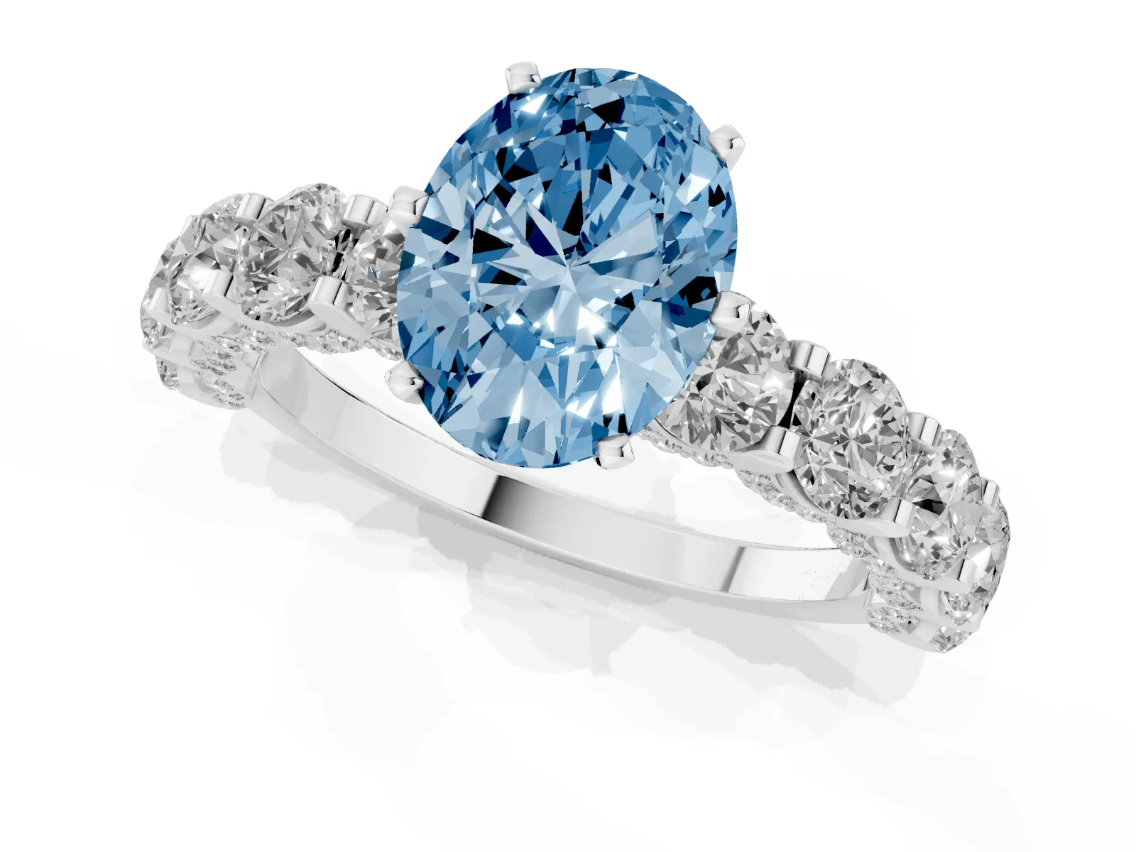 Fancy Blue Oval Cut Diamond Side Stone Engagement Ring with Four-Prong Setting White gold