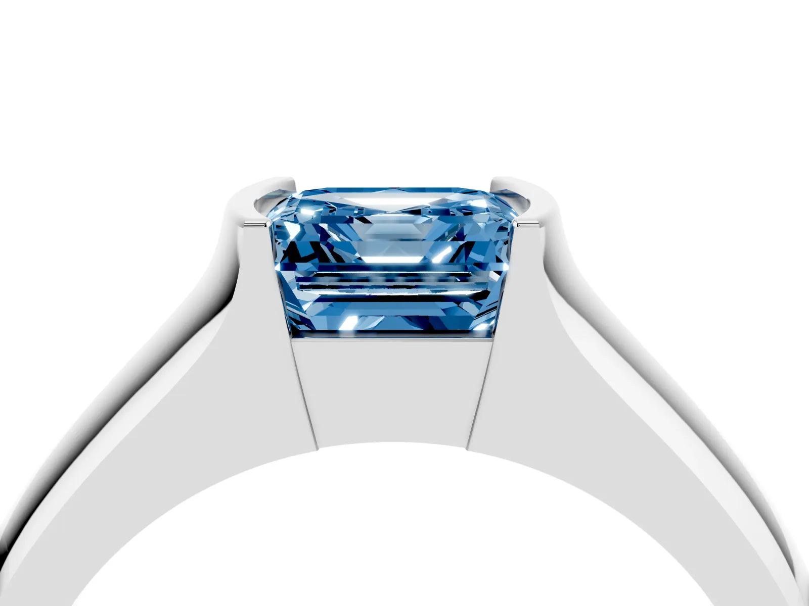 Fancy Blue Asscher Cut Solitaire Bezel Set Diamond Ring with Wide Band Platinum