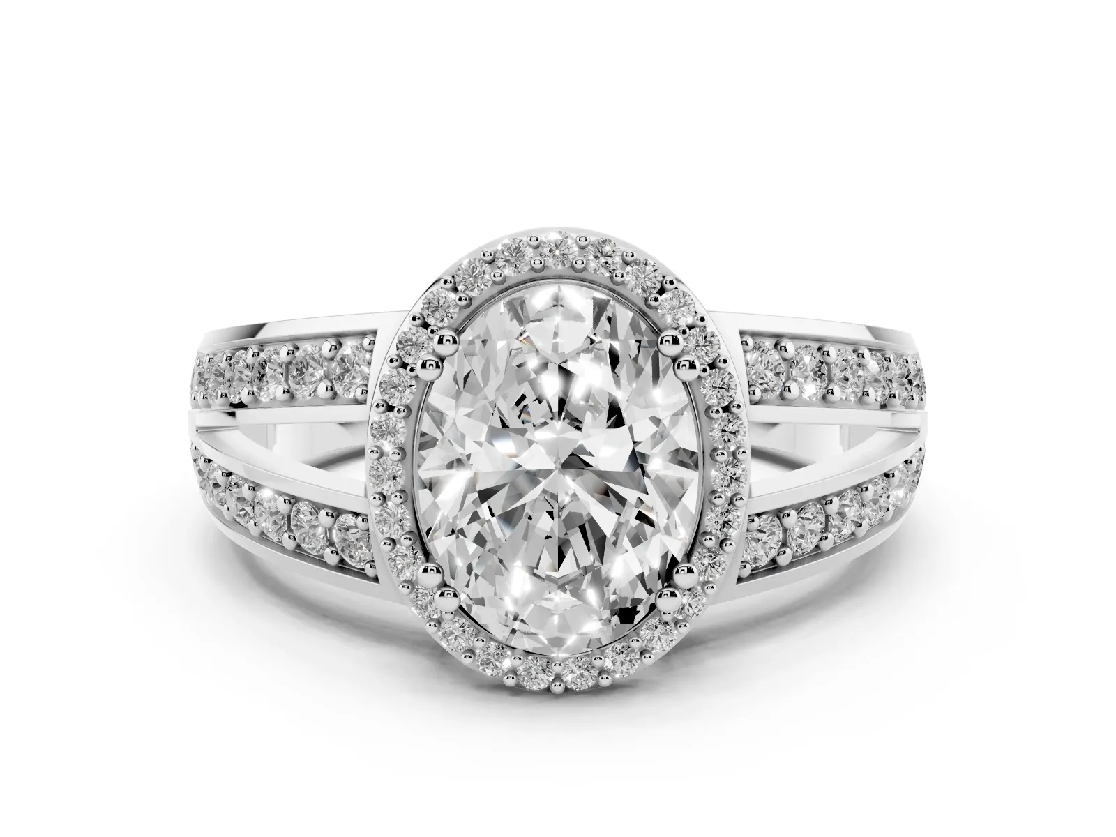 Oval Cut Diamond Halo Ring with Split Shank Pavé Band and Four-Prong Setting White gold
