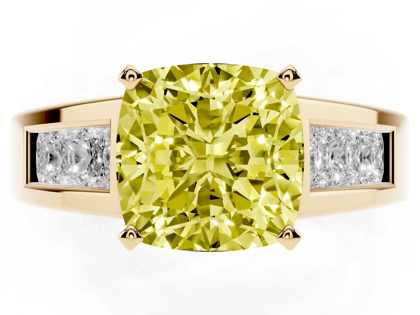 Fancy Yellow Cushion Cut Cut Channel Set Solitaire Ring with Four-Prong Setting Yellow gold