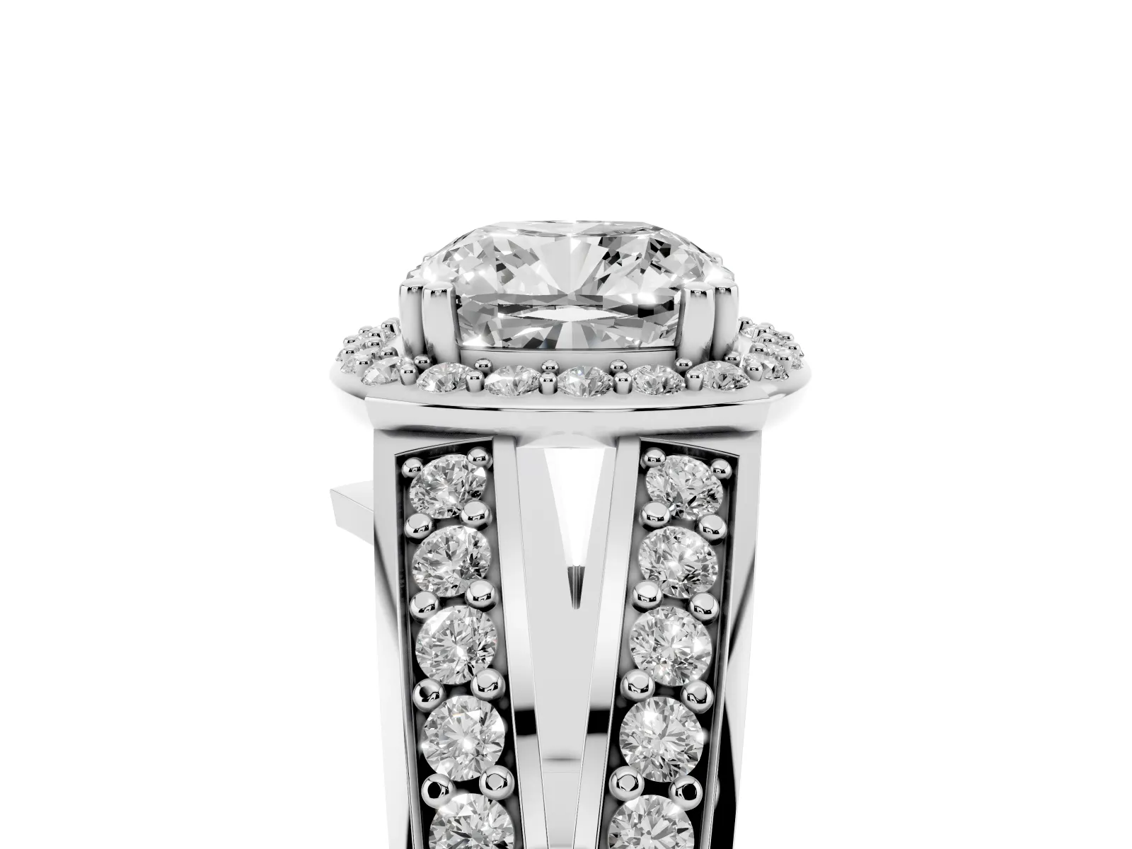 Cushion Cut Diamond Halo Ring with Split Shank Pavé Band and Four-Prong Setting Platinum