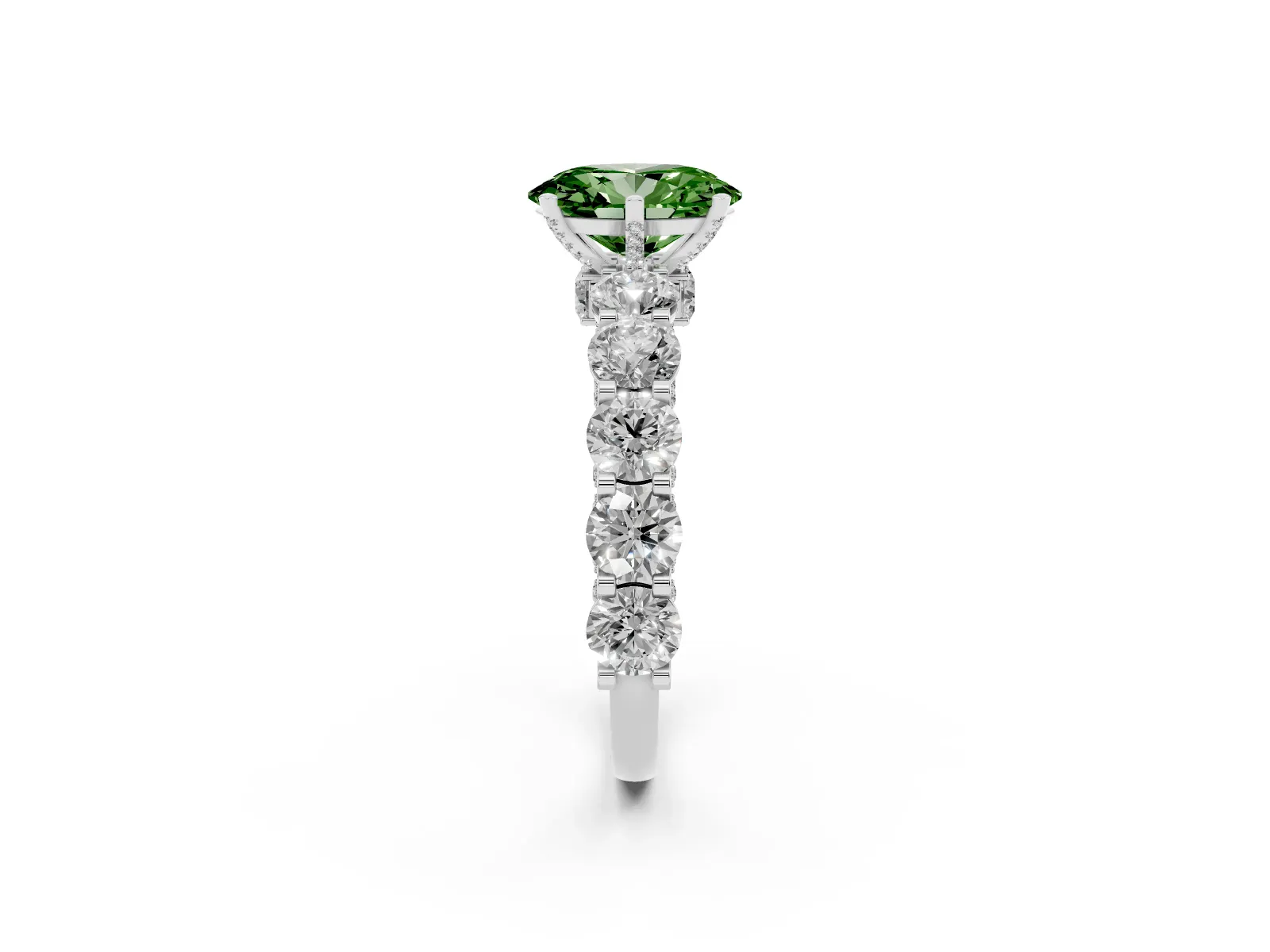 Fancy Green Oval Cut Diamond Side Stone Engagement Ring with Four-Prong Setting Platinum