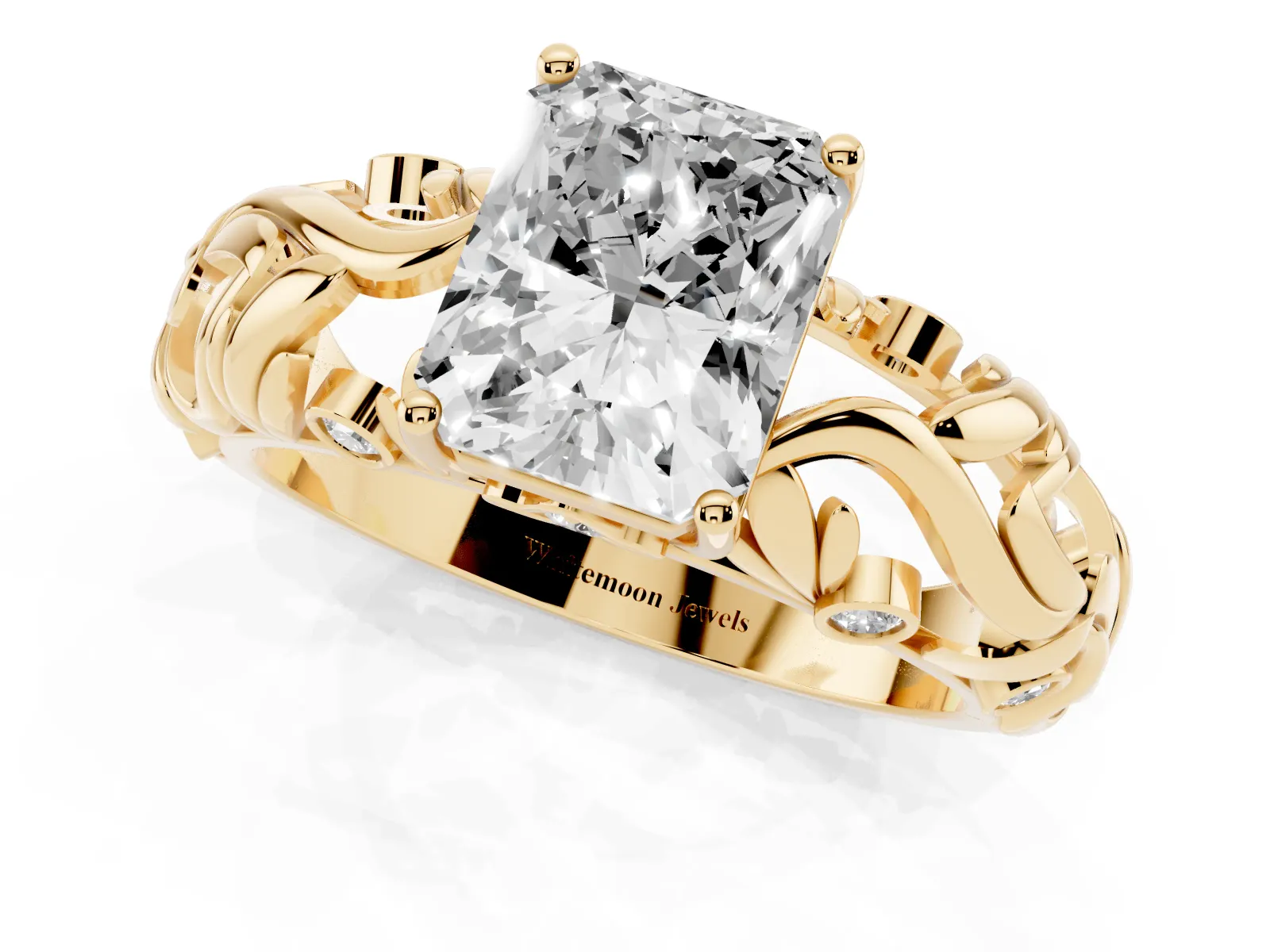 Radiant Cut Solitaire Diamond Leaf-Inspired Vine Band Ring with Prong Setting Yellow gold