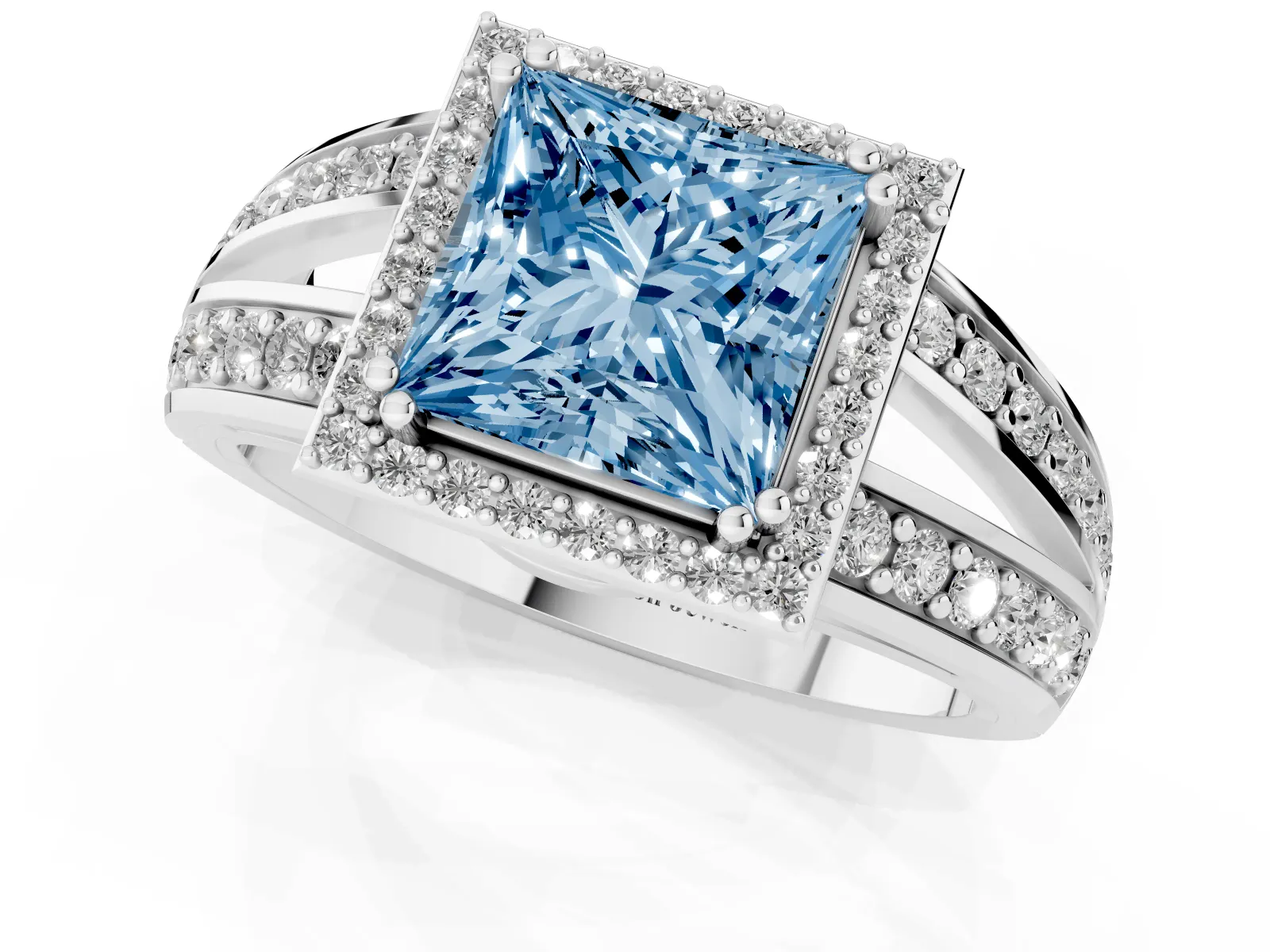 Fancy Blue Princess Cut Diamond Halo Ring with Split Shank Pavé Band and Four-Prong Setting Platinum