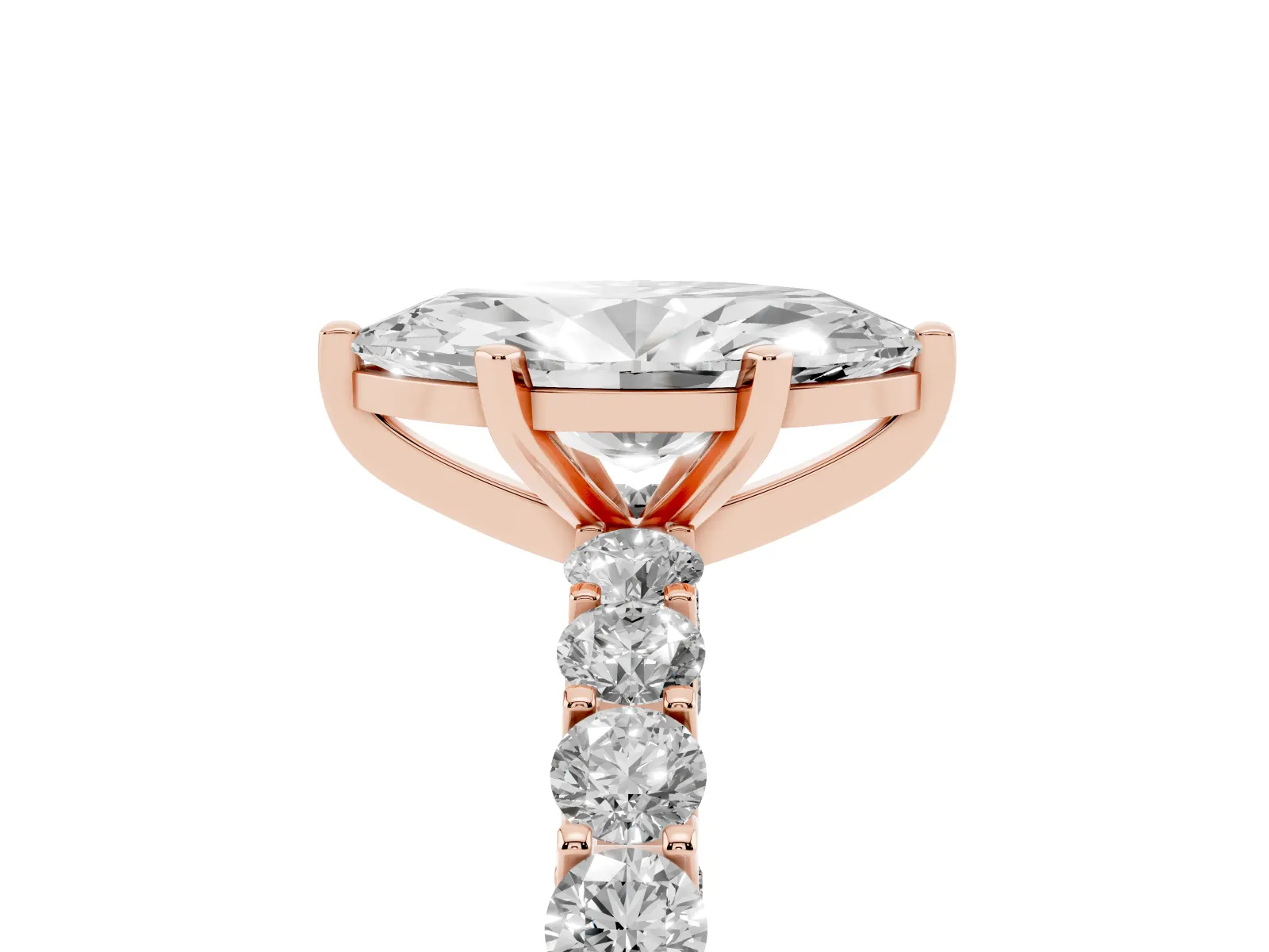 Marquise Cut Diamond Solitaire Ring with Shared Prong Pavé Band and Four-Prong Setting Rose gold