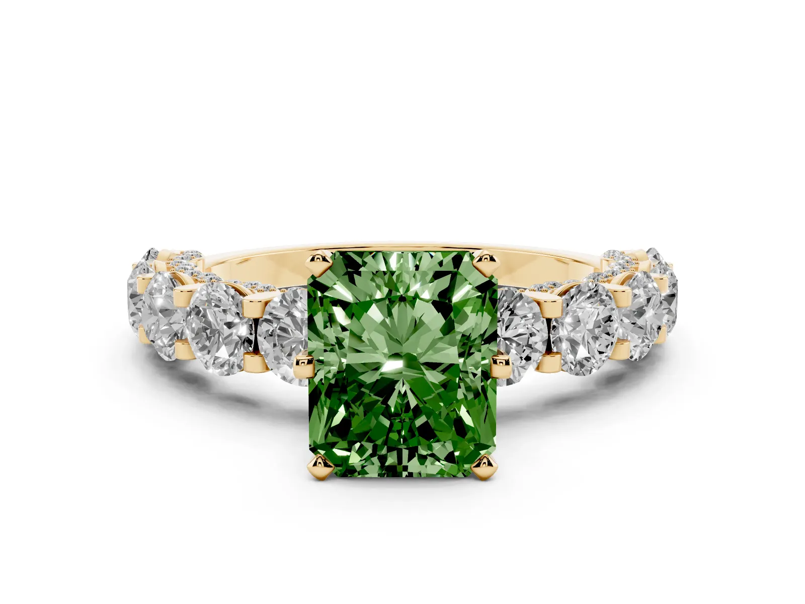 Fancy Green Radiant Cut Diamond Side Stone Engagement Ring with Four-Prong Setting Yellow gold