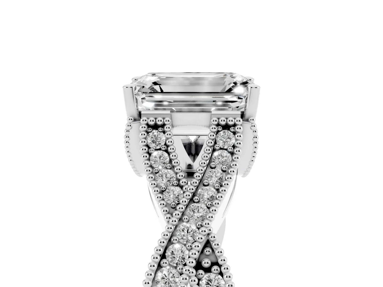 Emerald Cut Cut Diamond Twisted Band with Milgrain Pave Setting and Four-Prong Setting Platinum