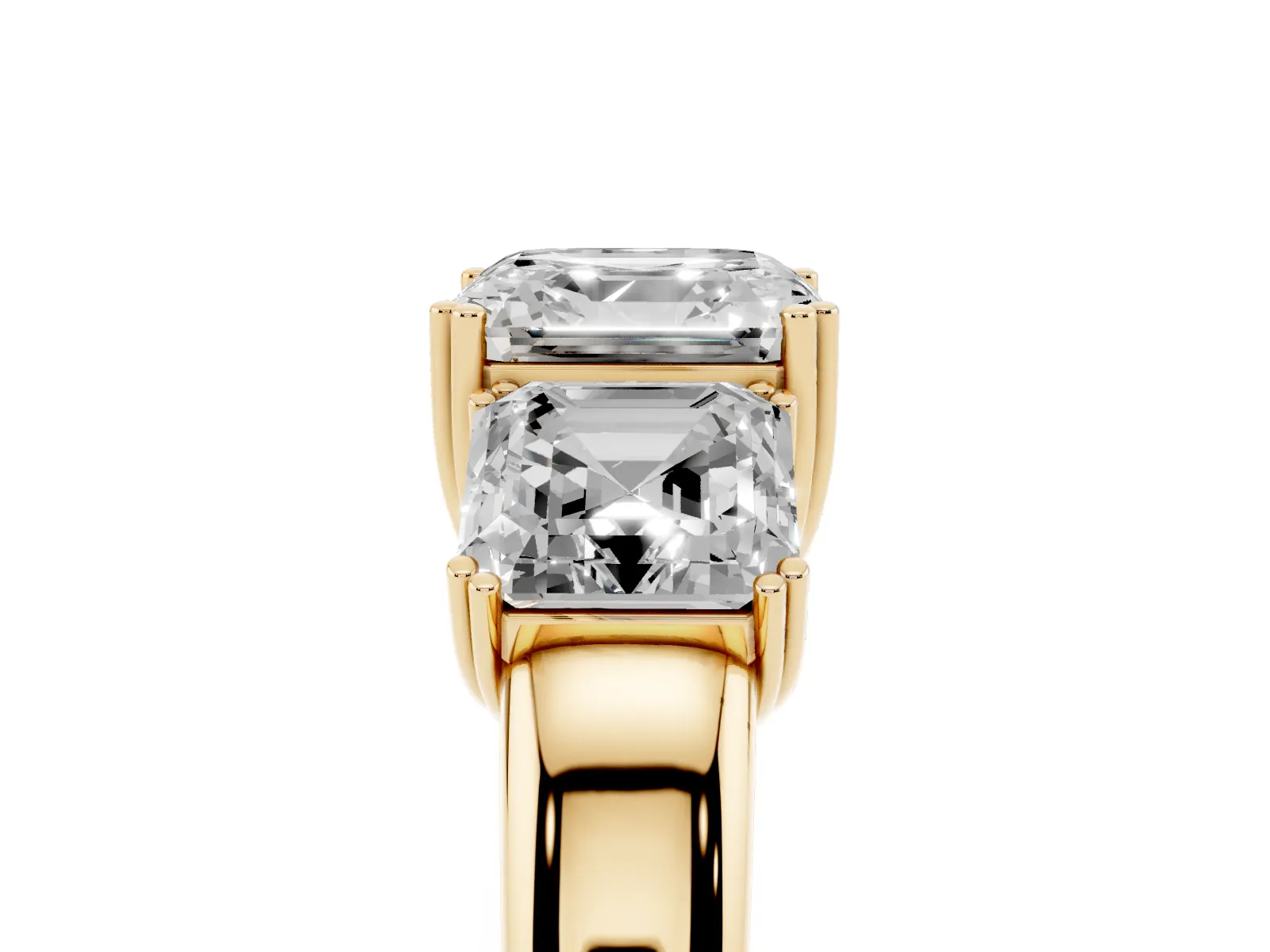 Three-Stone Asscher Cut Cut Diamond Ring with Channel Set Band and Four-Prong Setting Yellow gold