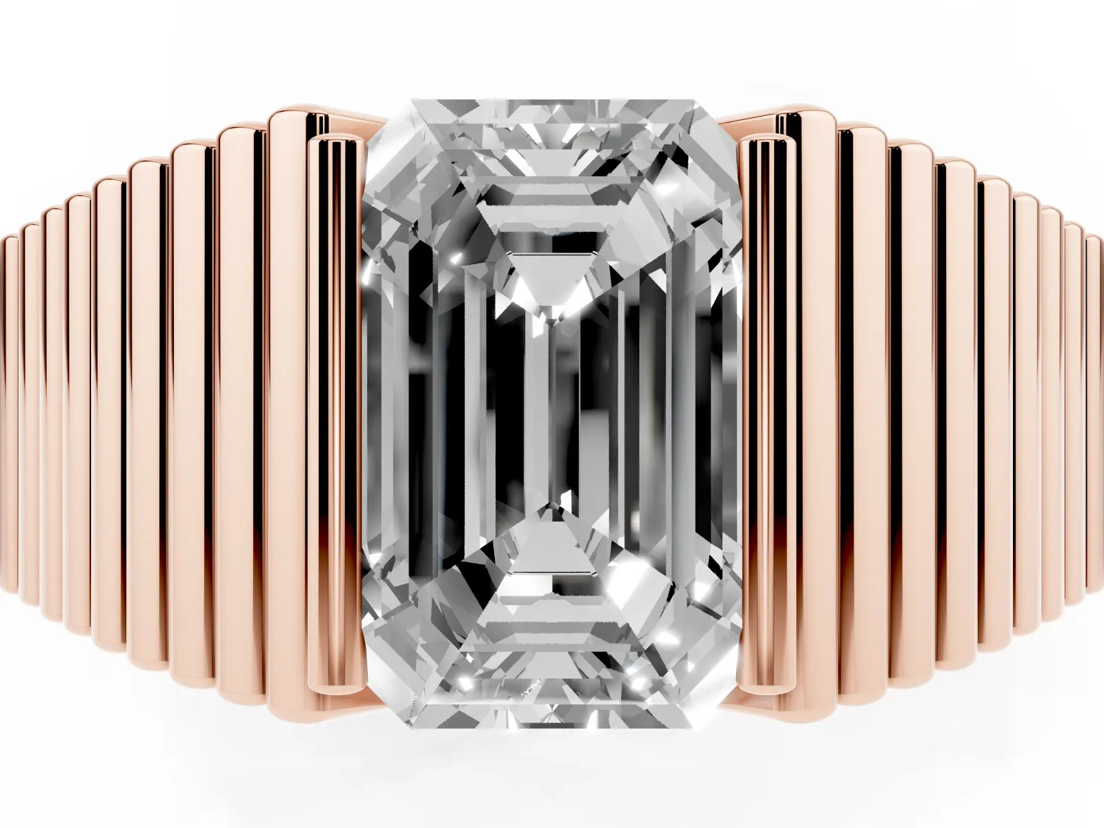 Emerald Cut Diamond Fluted Mens Ring Rose gold