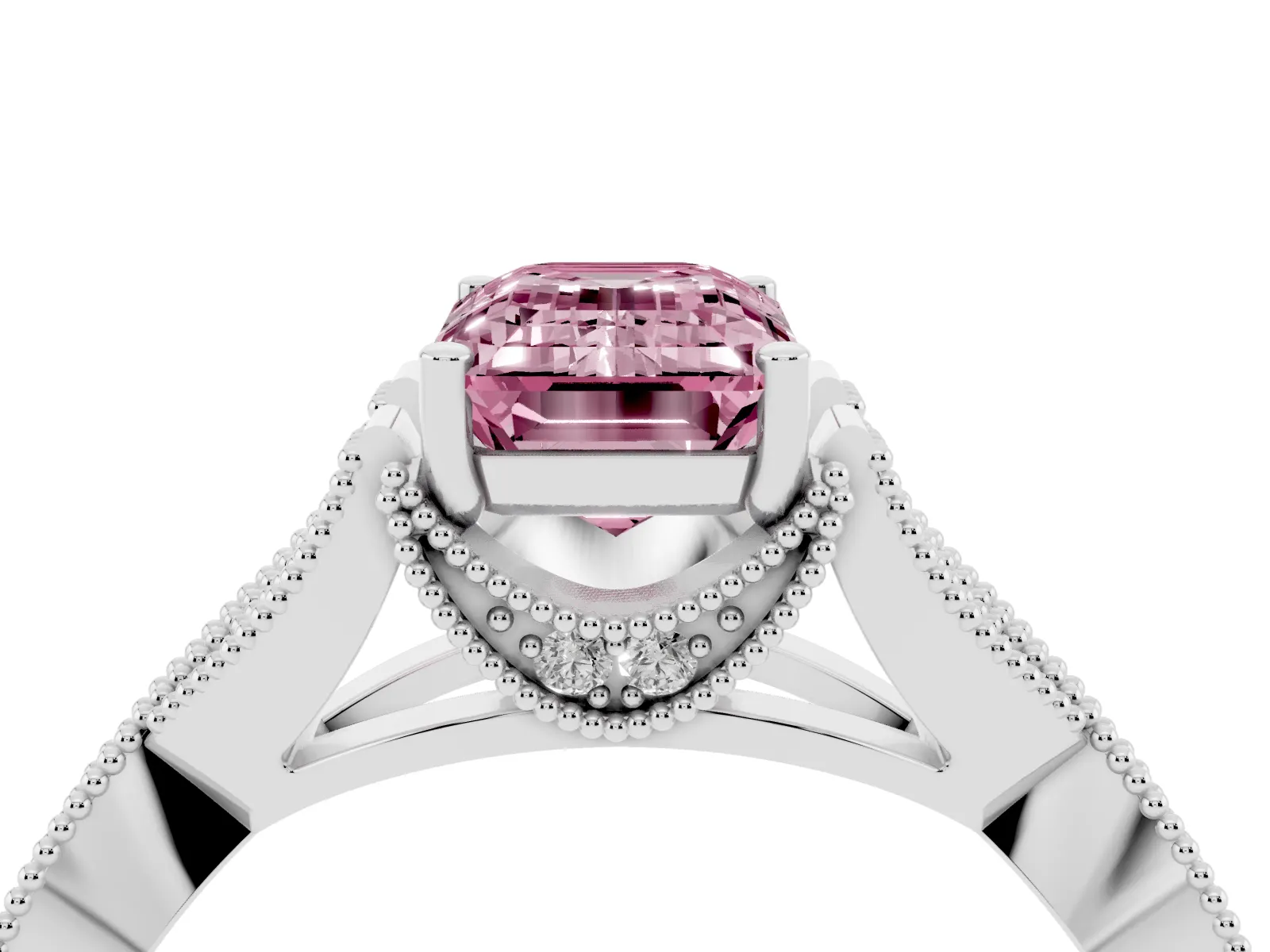 Fancy Pink Emerald Cut Cut Diamond Twisted Band with Milgrain Pave Setting and Four-Prong Setting Platinum
