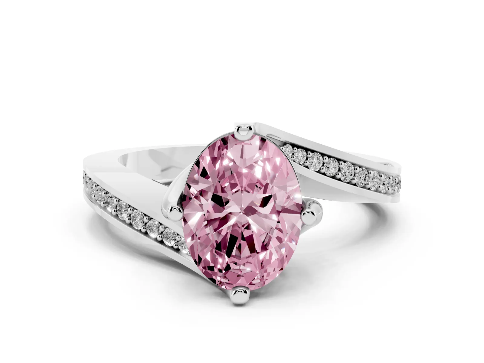Fancy Pink Oval Cut Solitaire Diamond Twist Band with Pavé Setting and Four-Prong Setting Platinum