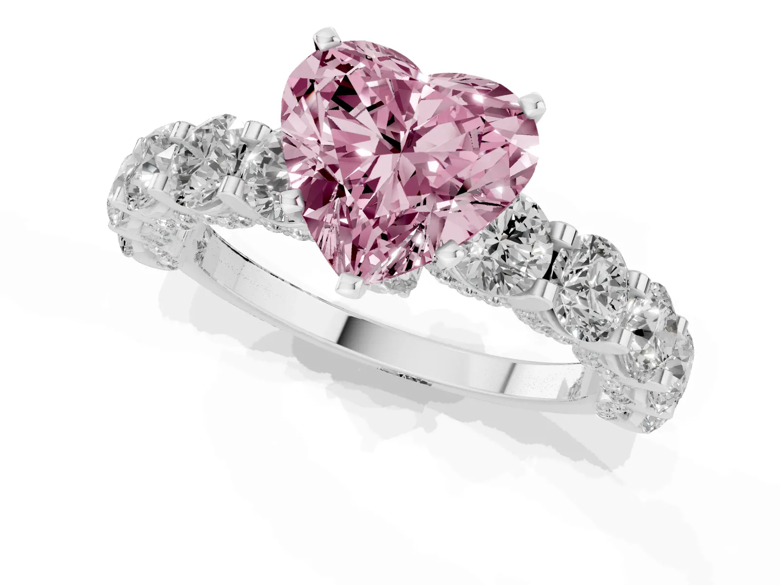 Fancy Pink Heart Cut Diamond Side Stone Engagement Ring with Four-Prong Setting Platinum