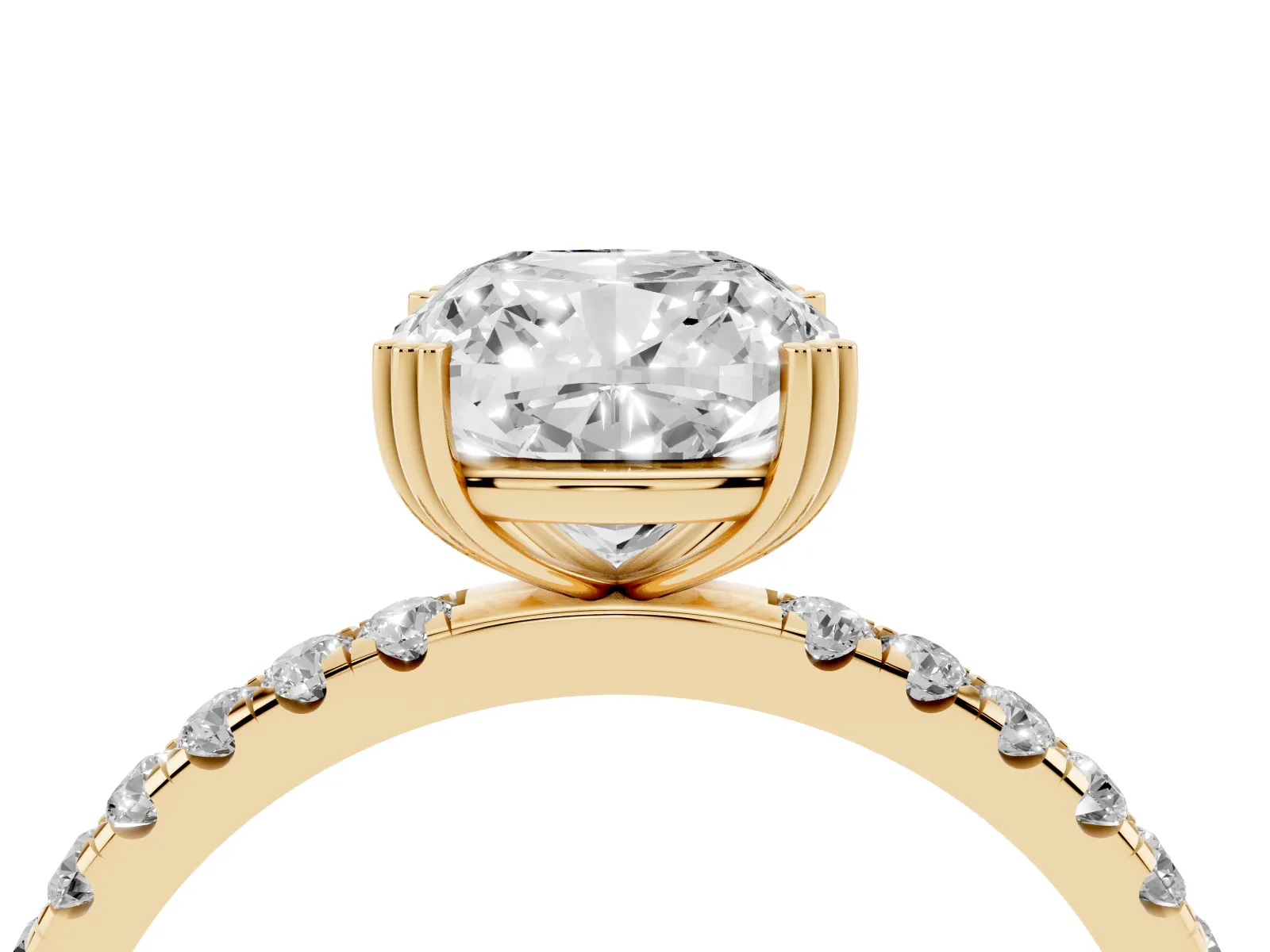 Cushion Cut Brilliant Solitaire with Pavé Band and Claw Prong Setting Yellow gold
