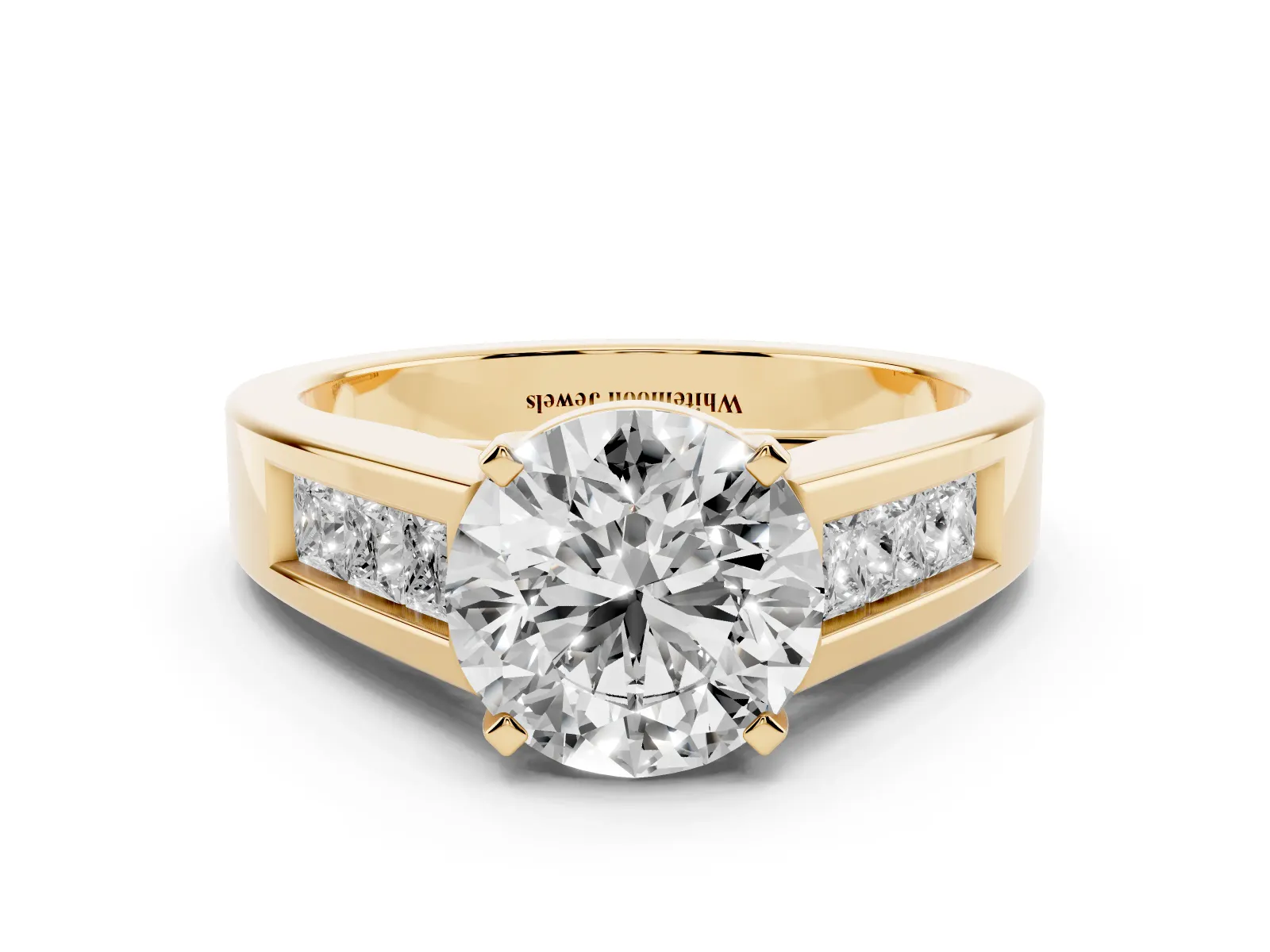Round Cut Cut Channel Set Solitaire Ring with Four-Prong Setting Yellow gold
