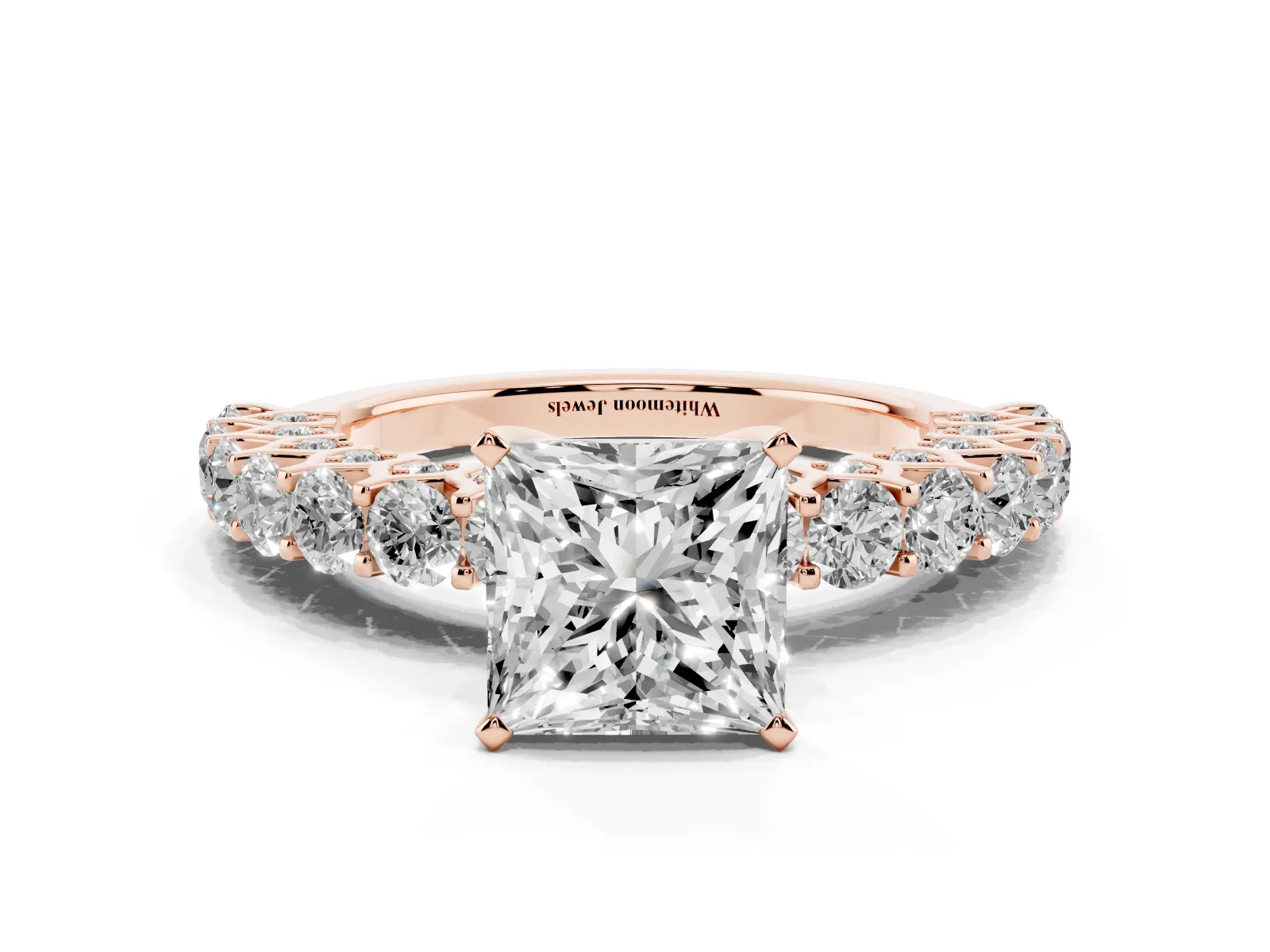 Princess Cut Diamond Solitaire Ring with Shared Prong Pavé Band and Four-Prong Setting Rose gold