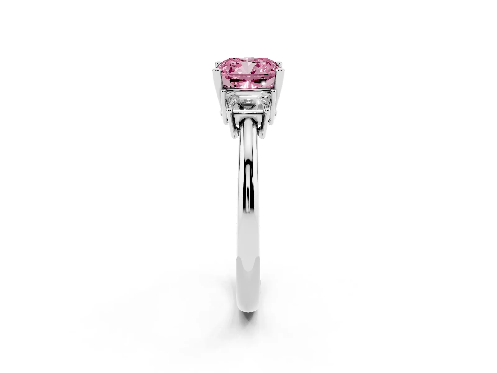 Fancy Pink Cushion Cut Diamond Three-Stone Ring with Trapezoid Side Stones and Prong Setting Platinum