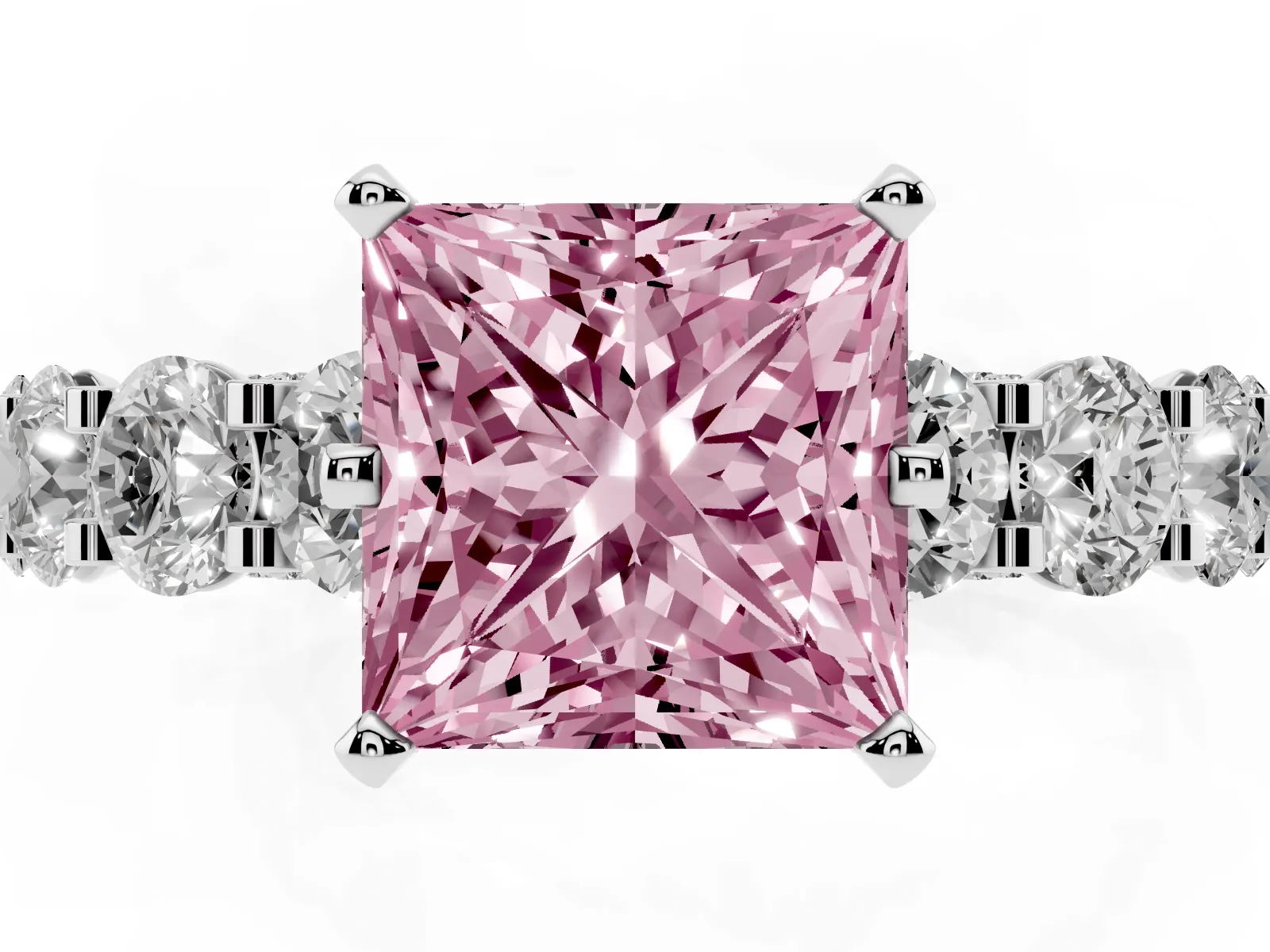 Fancy Pink Princess Cut Diamond Side Stone Engagement Ring with Four-Prong Setting Platinum