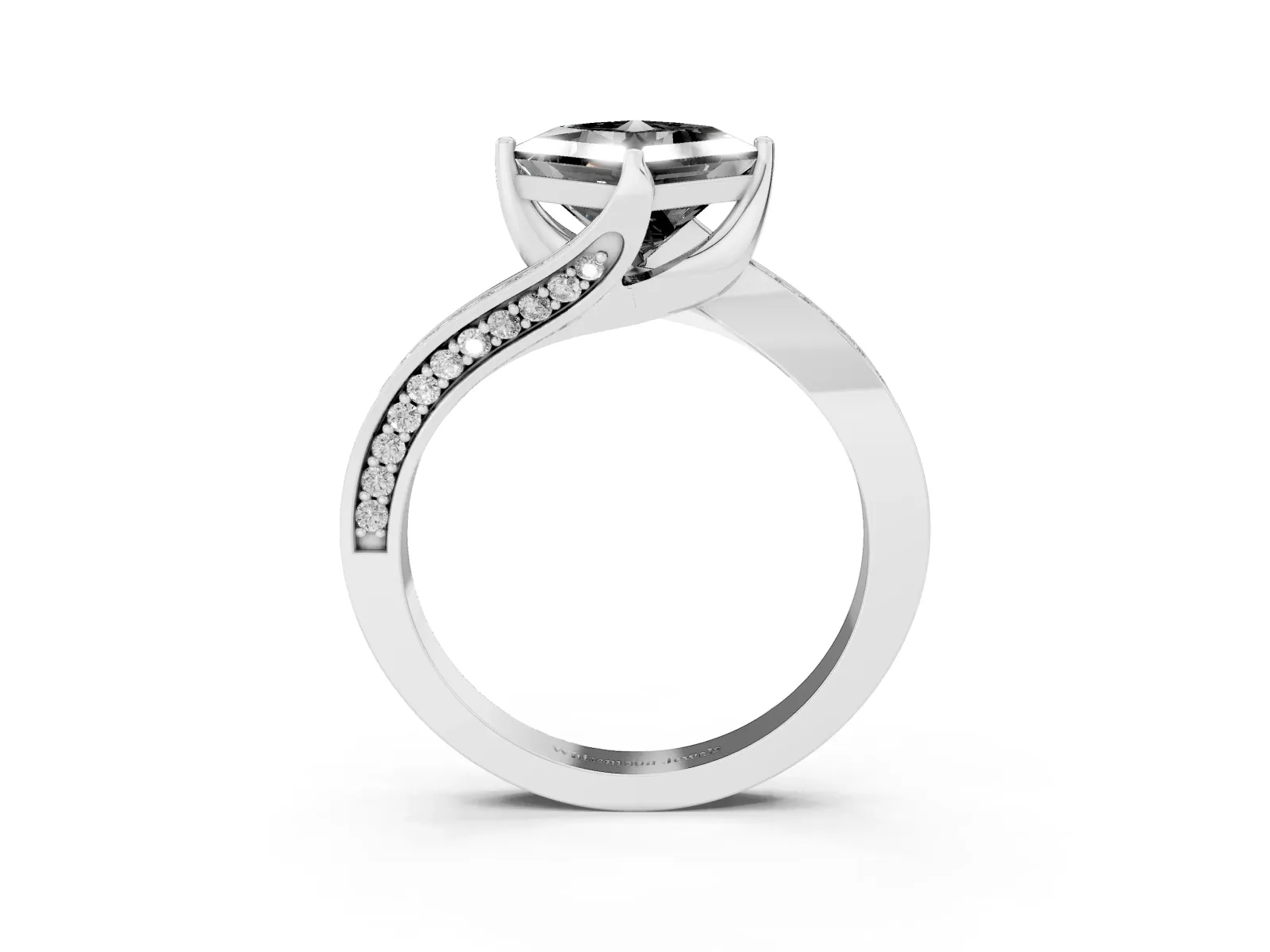 Fancy Black Princess Cut Solitaire Diamond Twist Band with Pavé Setting and Four-Prong Setting Platinum