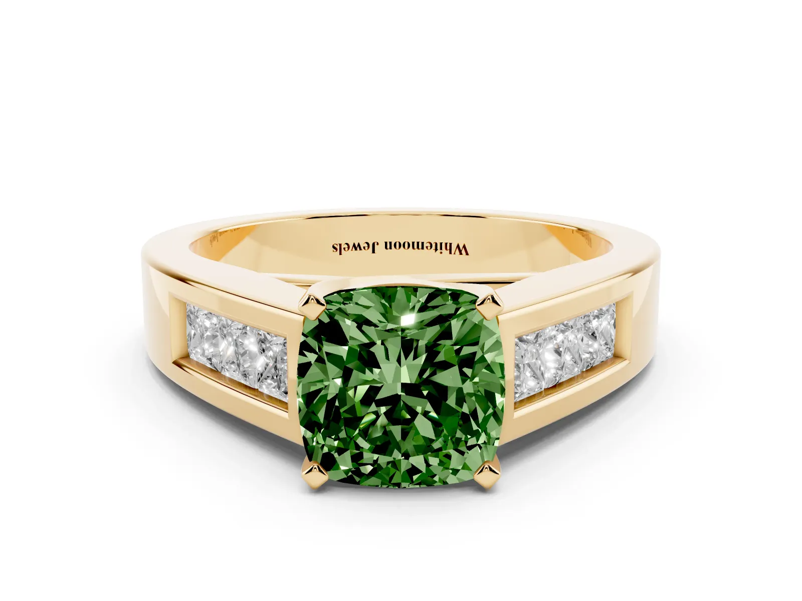 Fancy Green Cushion Cut Cut Channel Set Solitaire Ring with Four-Prong Setting Yellow gold