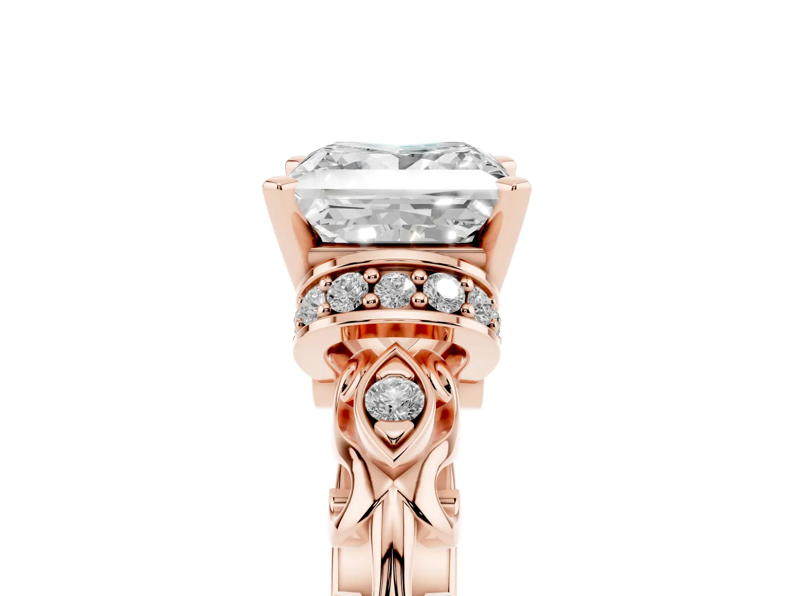 Princess Cut Diamond Solitaire Ring with Filigree Band and Four-Prong Setting Rose gold