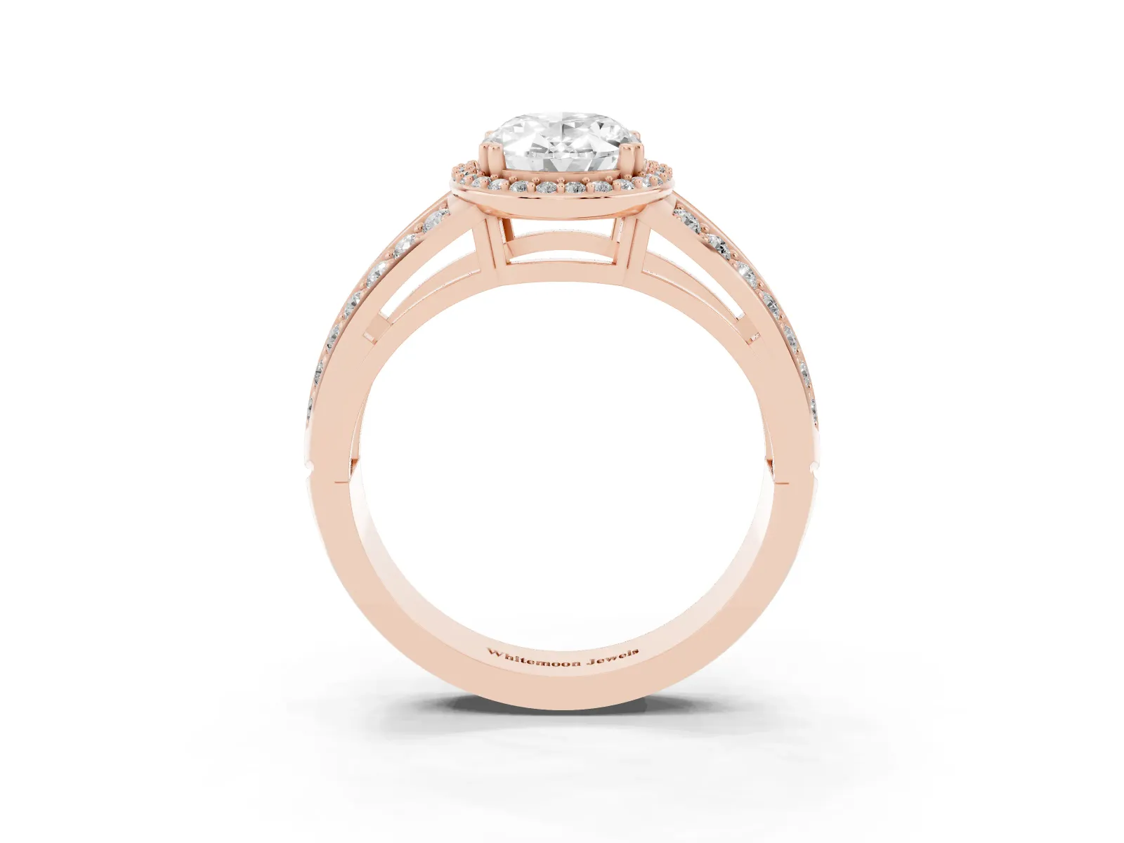 Oval Cut Diamond Halo Ring with Split Shank Pavé Band and Four-Prong Setting Rose gold