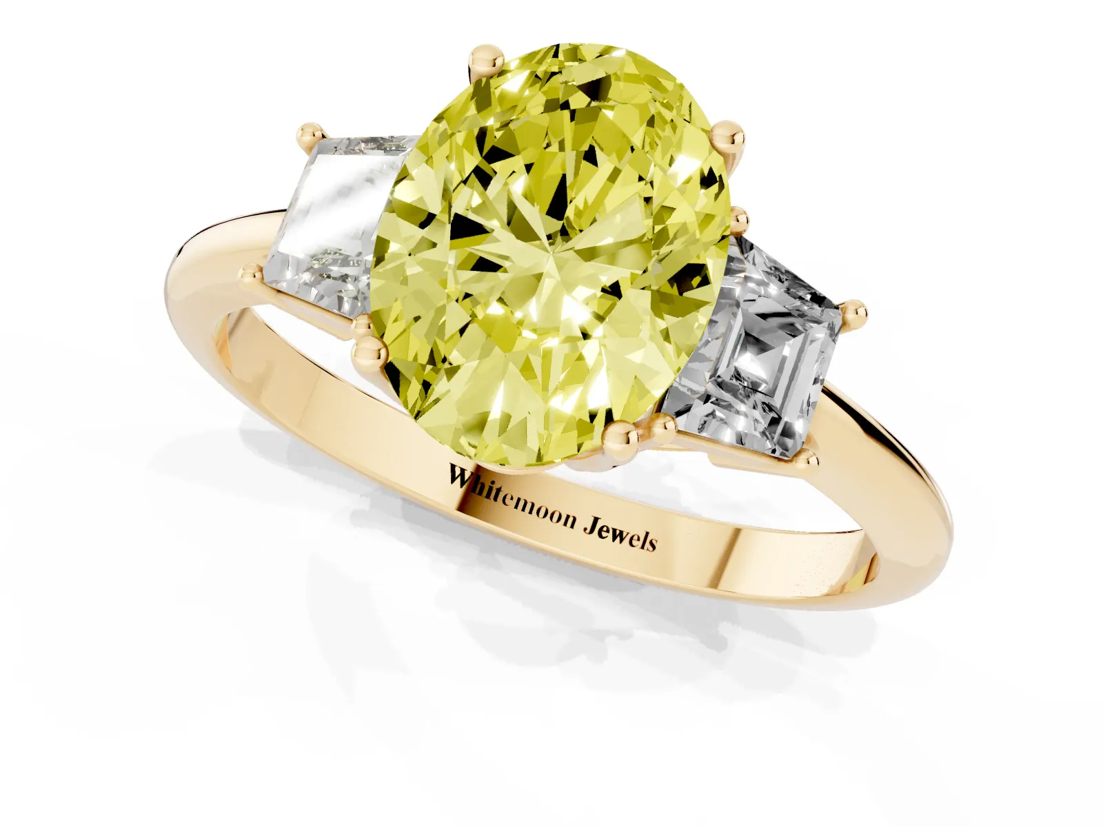 Fancy Yellow Oval Cut Diamond Three-Stone Ring with Trapezoid Side Stones and Prong Setting Yellow gold