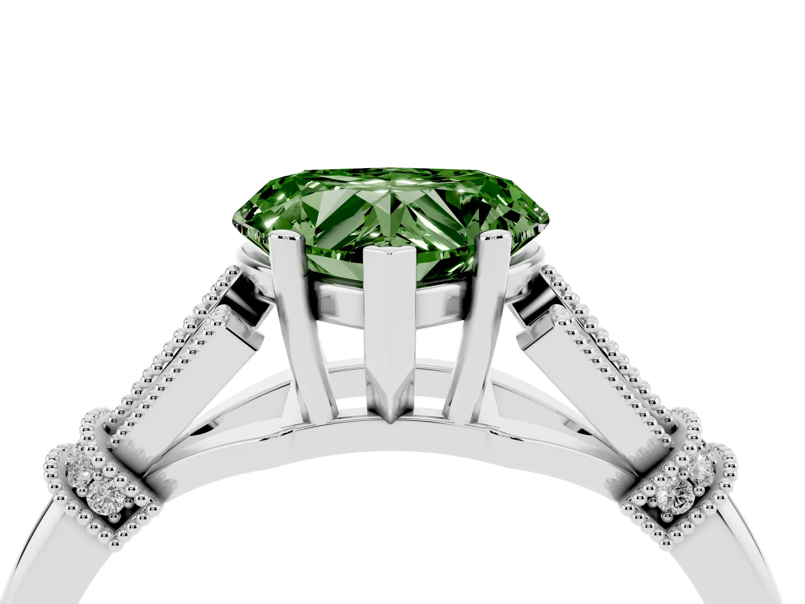 Fancy Green Heart Cut Diamond Solitaire Ring with Floral Filigree and Pave Accents Platinum