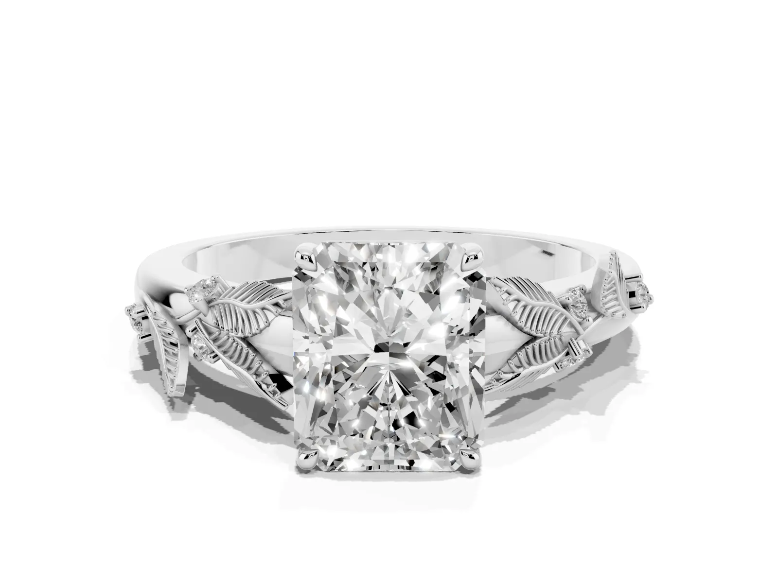Radiant Cut Diamond Solitaire Ring with Leaf Motif Band and Four-Prong Setting Silver