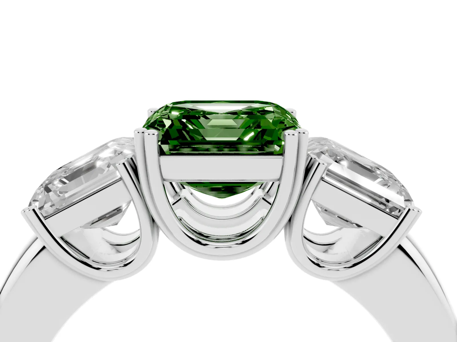 Fancy Green Three-Stone Asscher Cut Cut Diamond Ring with Channel Set Band and Four-Prong Setting White gold
