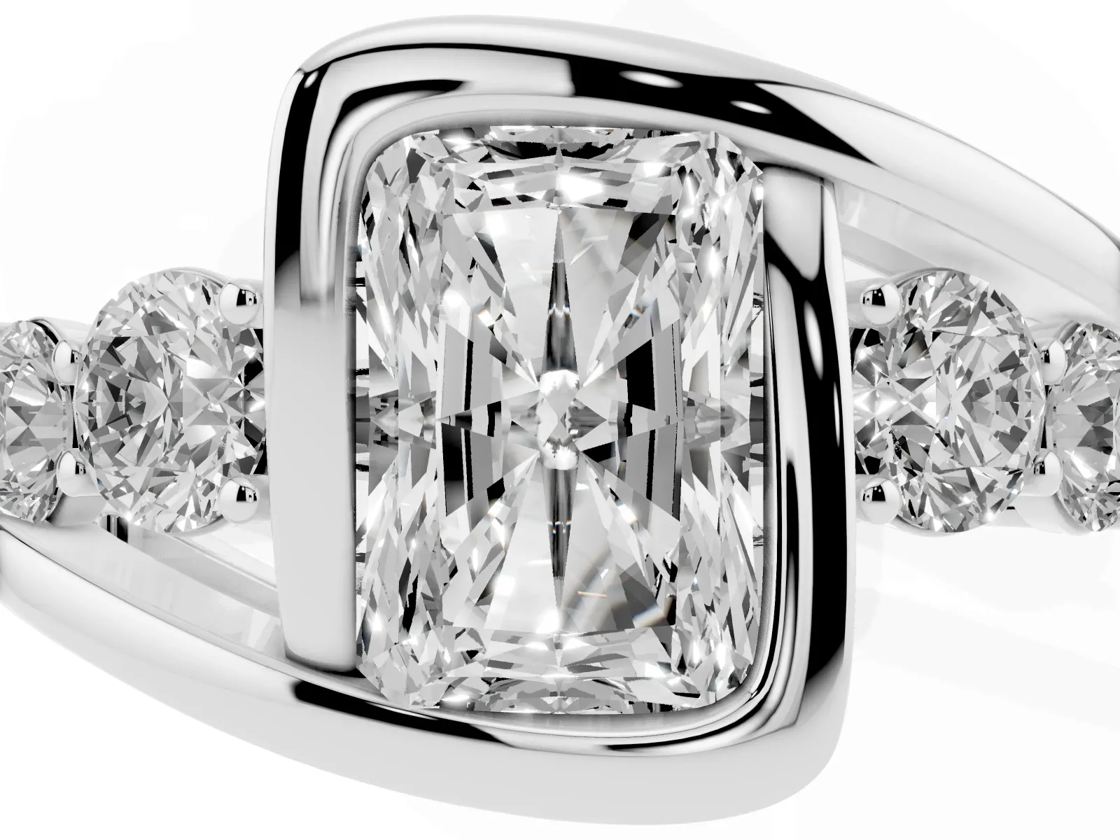Bezel Set Radiant Cut Diamond Bypass Ring with Round Accents White gold