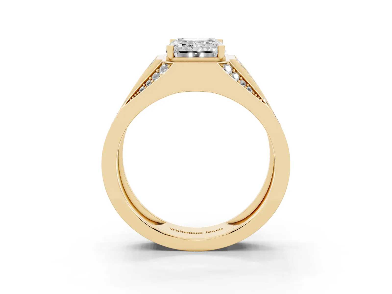 Emerald Cut Diamond Mens Ring with Baguette Side Stones Yellow gold