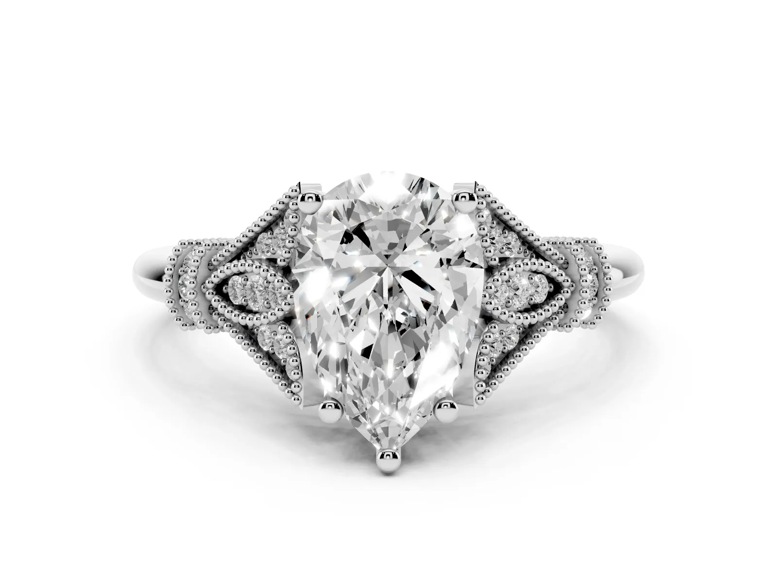 Pear Cut Diamond Solitaire Ring with Floral Filigree and Pave Accents Platinum