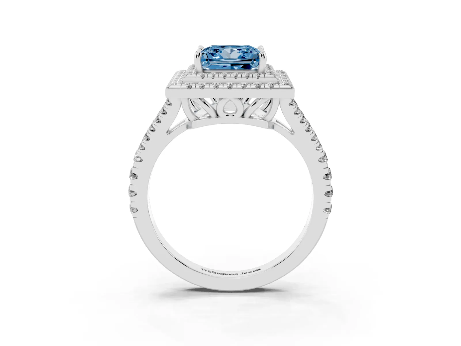 Fancy Blue Princess Cut Diamond Double Halo Ring with Pavé Band and Prong Setting Platinum