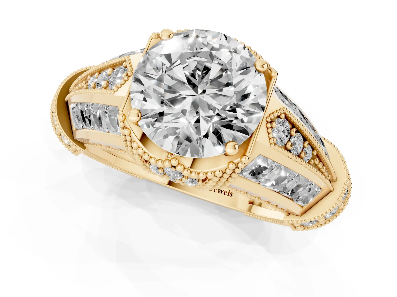 Vintage Milgrain Round Cut Diamond Split Shank Ring with Prong Setting Yellow gold